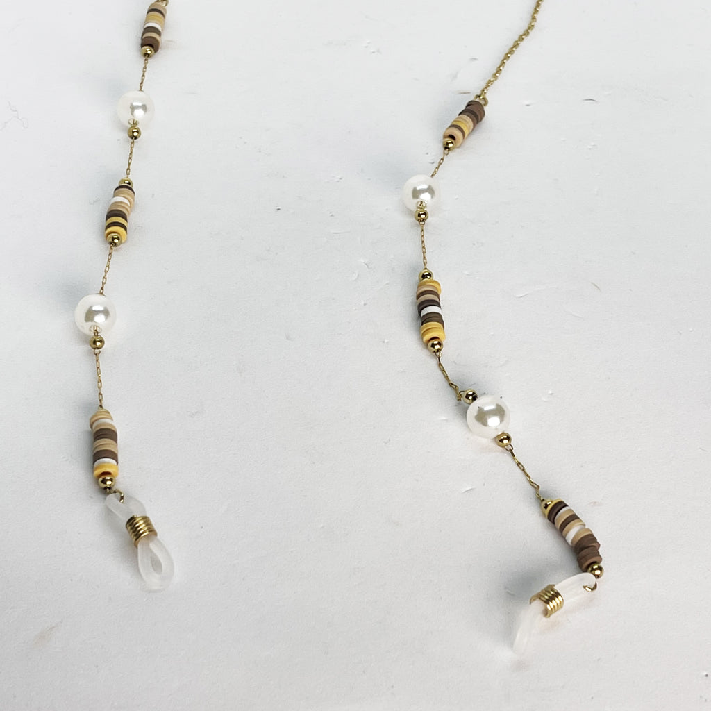 Chaîne de Lunettes Perles Blanches et Pierres Marrons