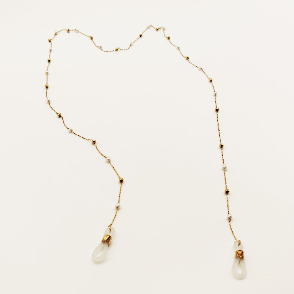 Chaîne de Lunettes Perles Dorées et Blanches
