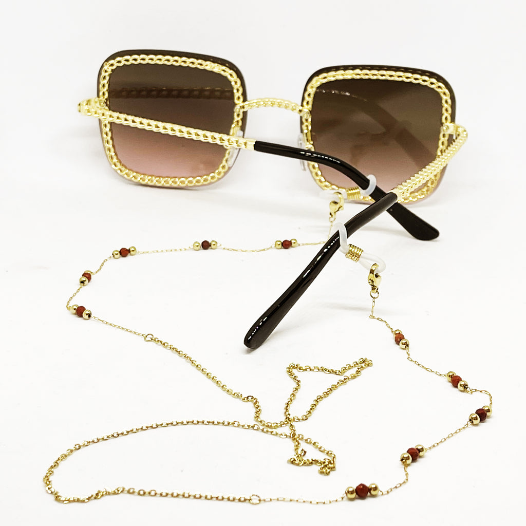 Chaîne de Lunettes Perles Dorées et Rouges