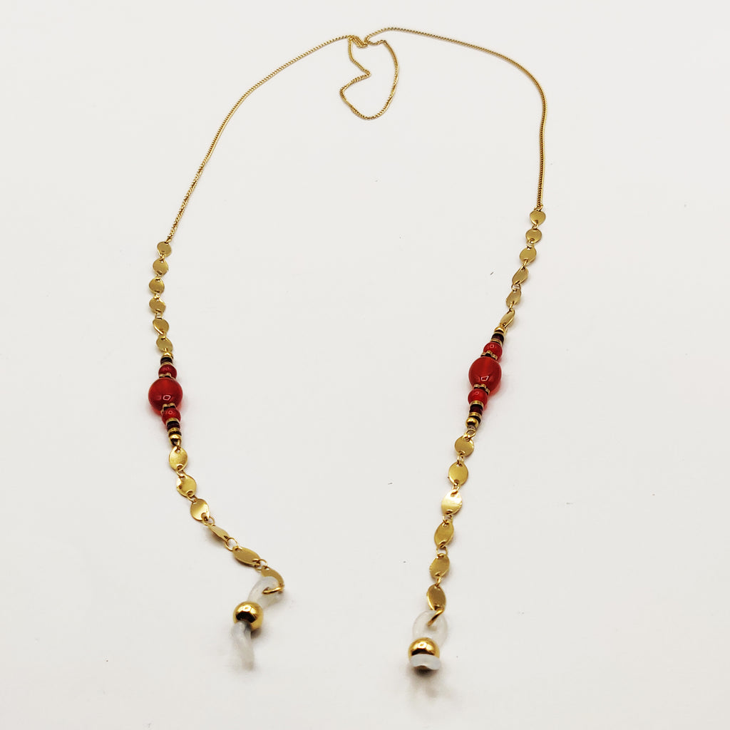 Chaîne de Lunettes Perles Rouges et Dorées