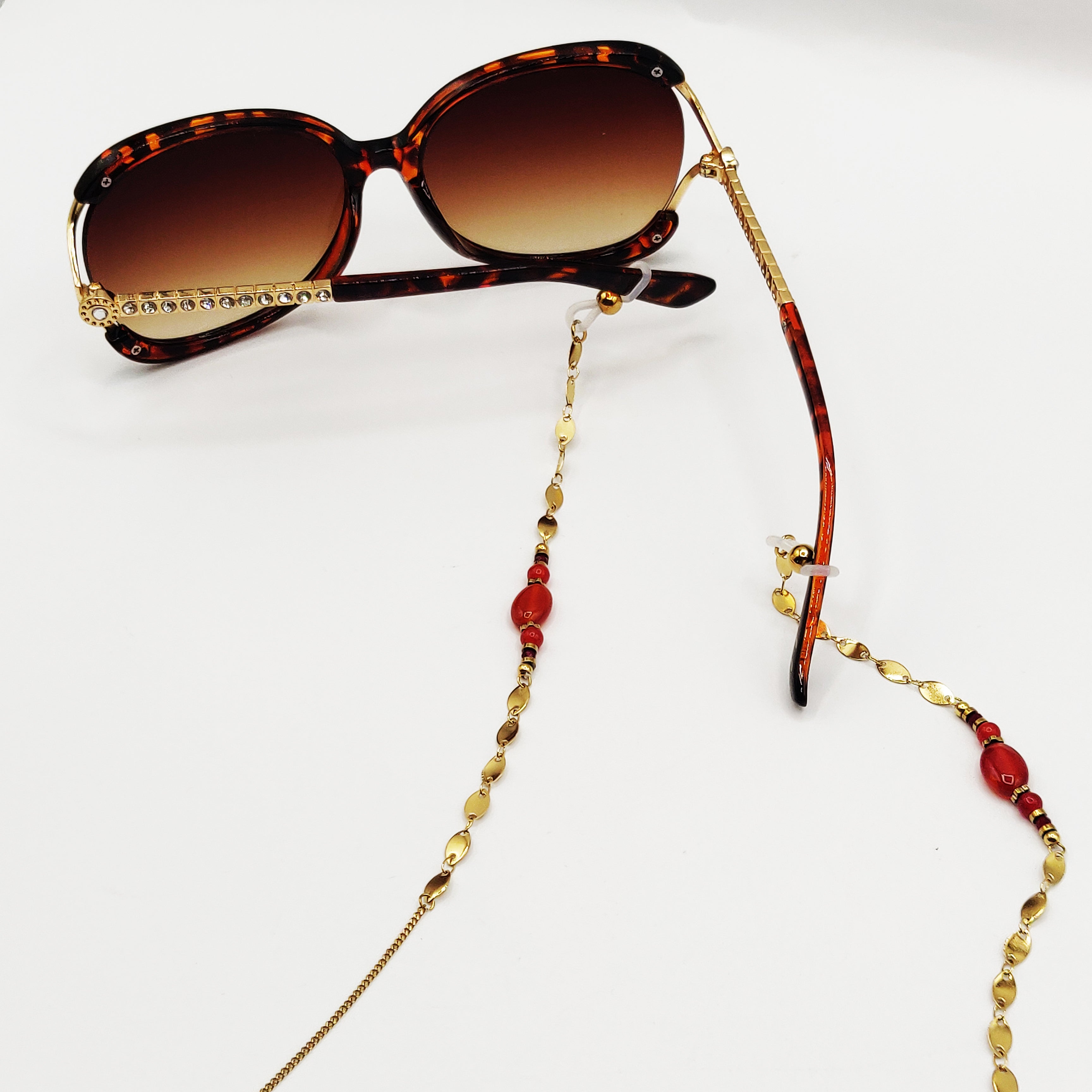 Chaîne de Lunettes Perles Rouges et Dorées