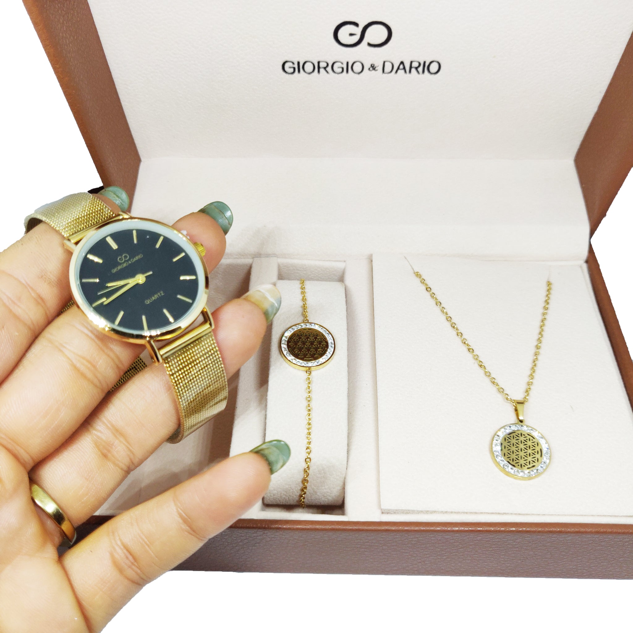 Coffret Montre Giorgio & Dario 5691 Fond Noir avec Collier et Bracelet Rond Cristaux
