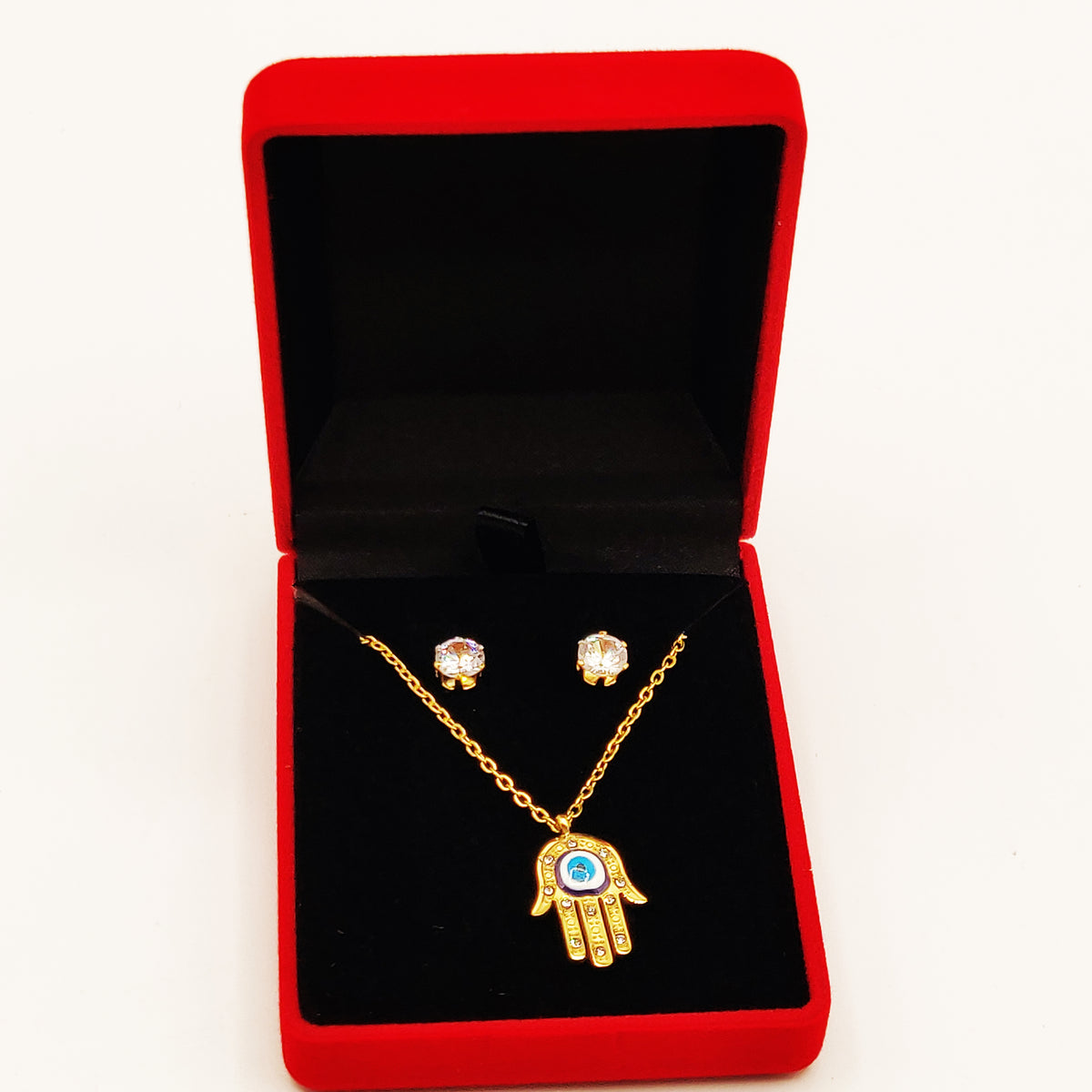 Coffret Collier et Boucles d'oreilles Main de Fatma Oeil Bleu