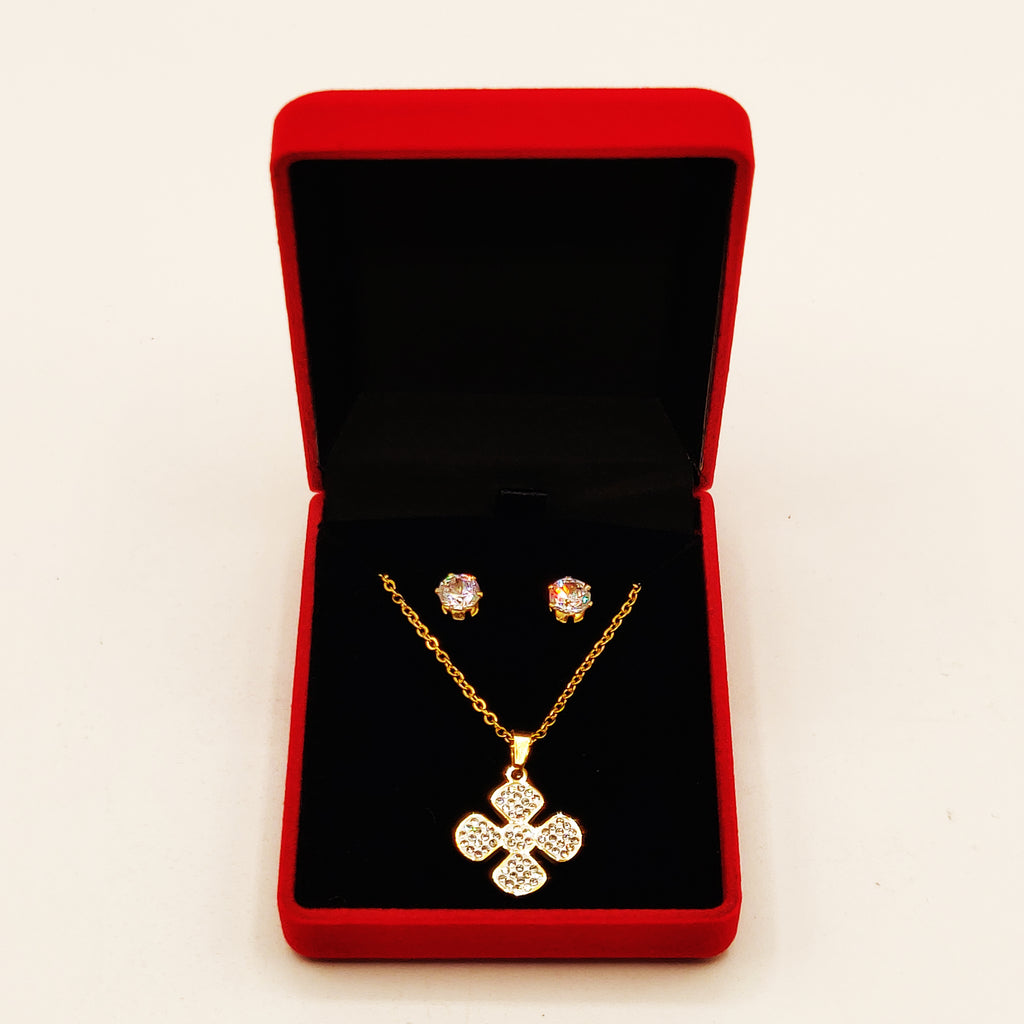 Coffret Collier et Boucles d'oreilles Trèfle à 4 Feuilles Cristaux