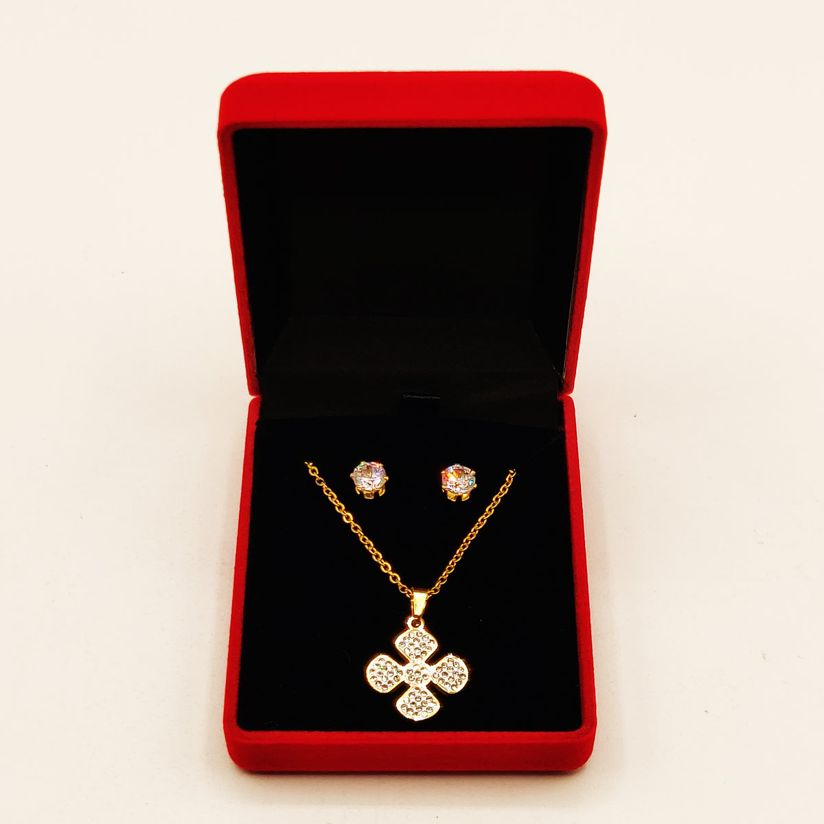 Coffret Collier et Boucles d'oreilles Trèfle à 4 Feuilles Cristaux
