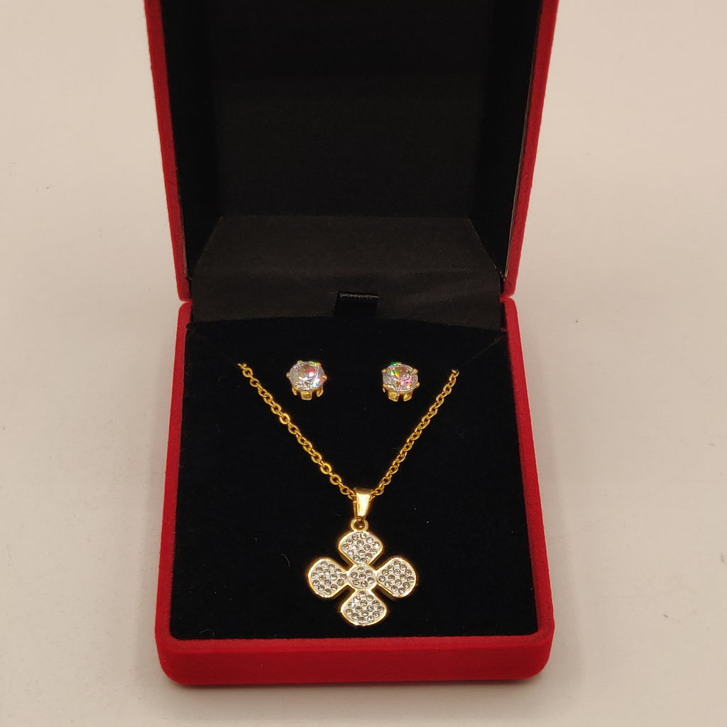 Coffret Collier et Boucles d'oreilles Trèfle à 4 Feuilles Cristaux