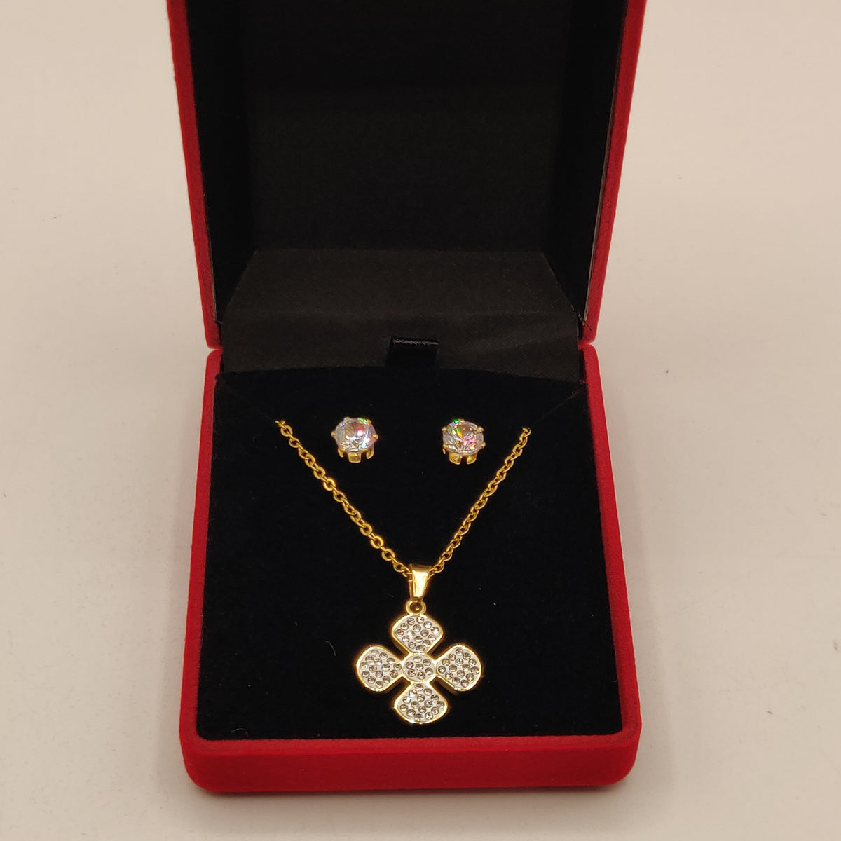 Coffret Collier et Boucles d'oreilles Trèfle à 4 Feuilles Cristaux