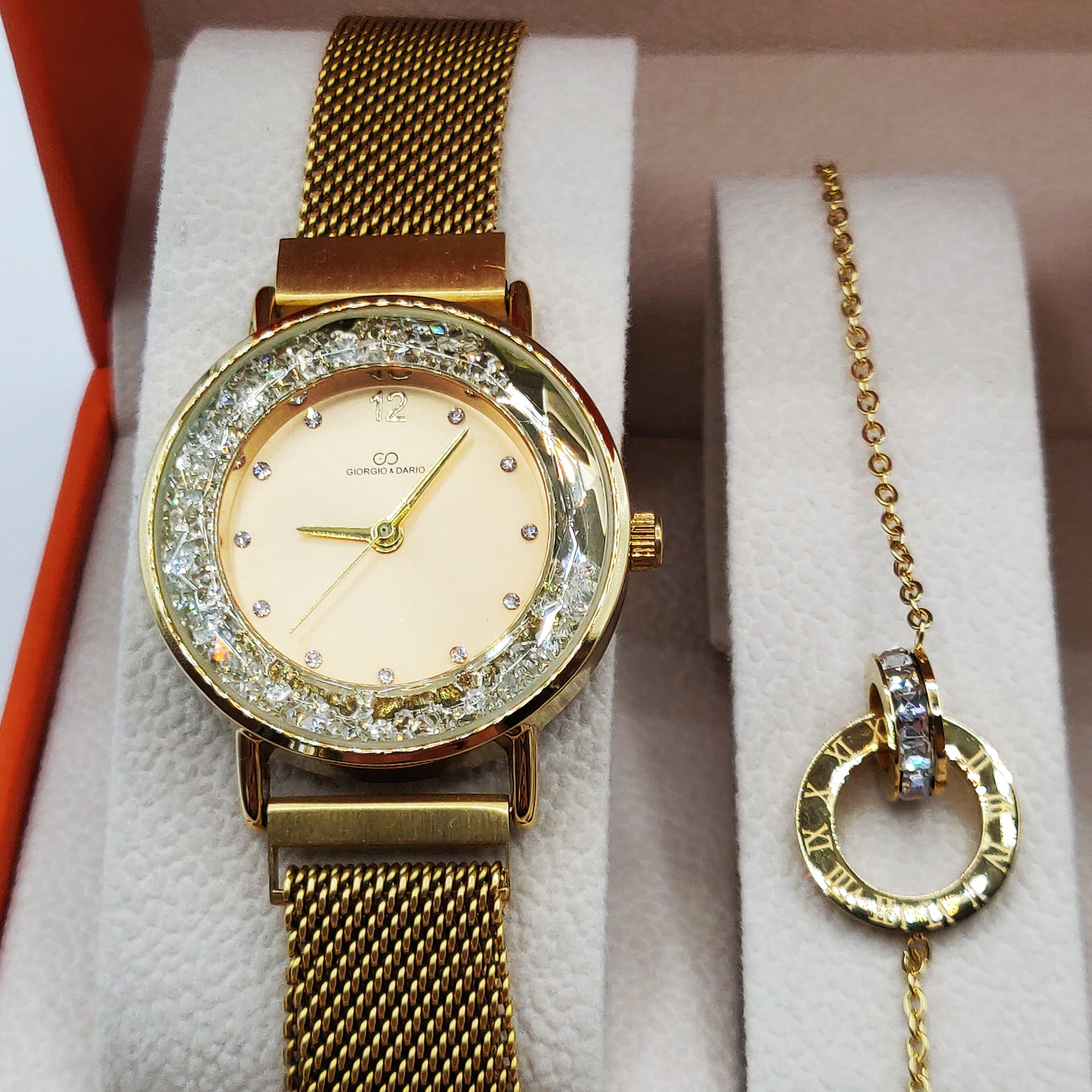 Coffret Montre Giorgio & Dario EU4408 Fond Doré avec Collier et Bracelet Cercle Romain