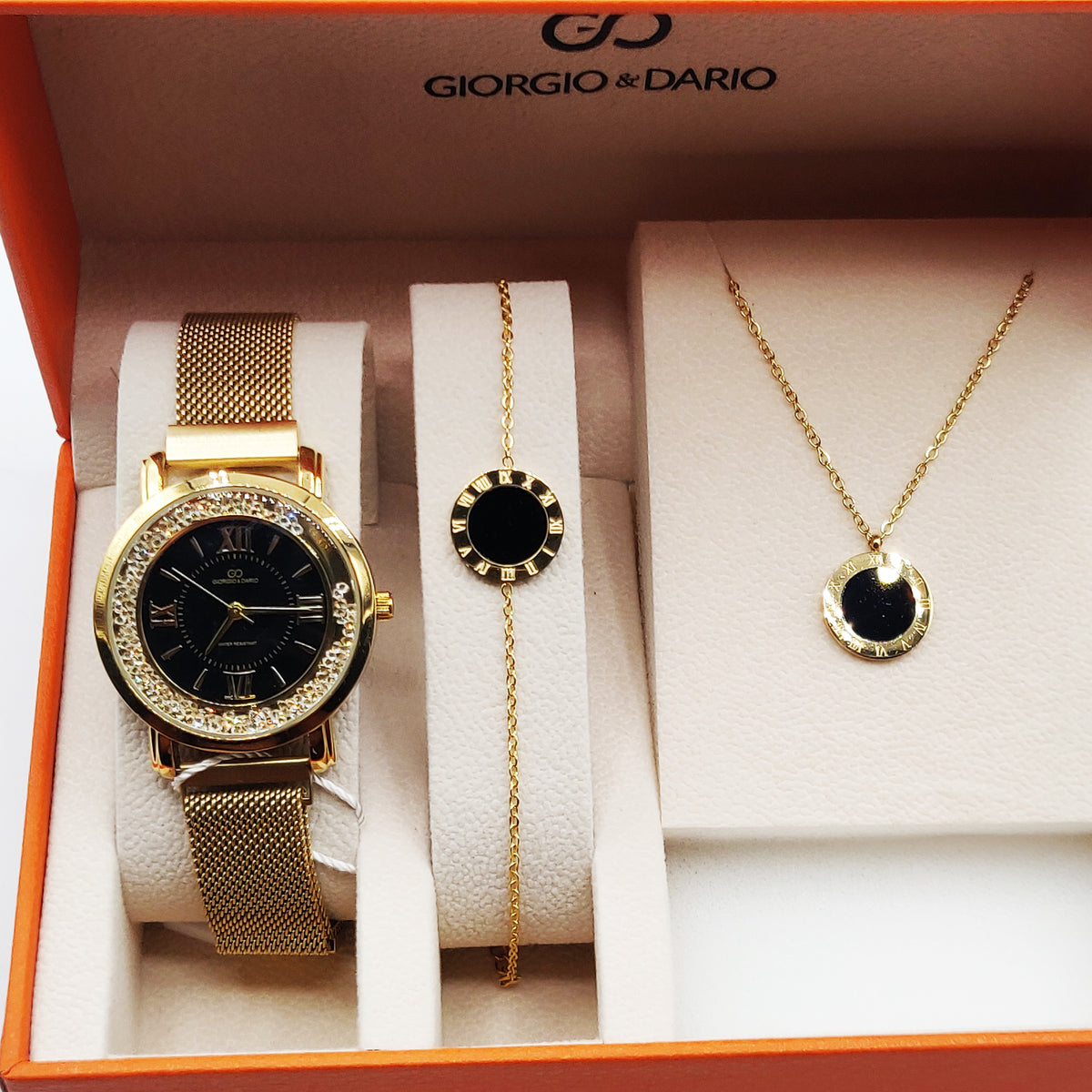 Coffret Montre Giorgio & Dario EU4435 Fond Noir avec Collier et Bracelet Romain Cercle Noir