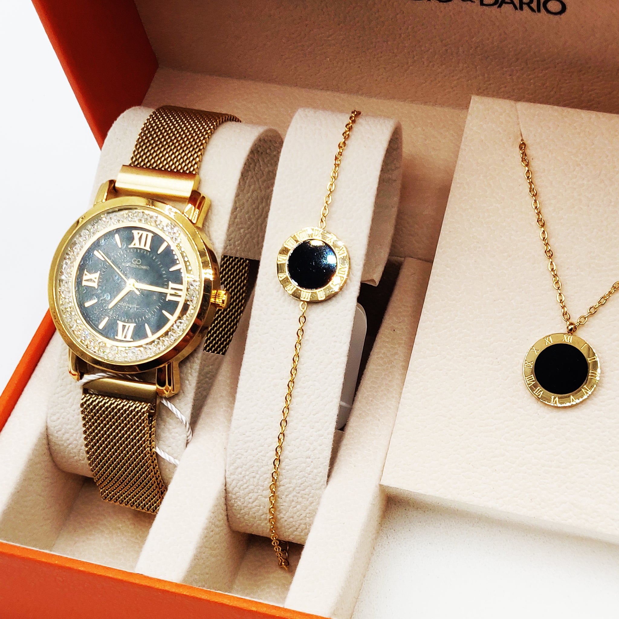 Coffret Montre Giorgio & Dario EU4435 Fond Noir avec Collier et Bracelet Romain Cercle Noir