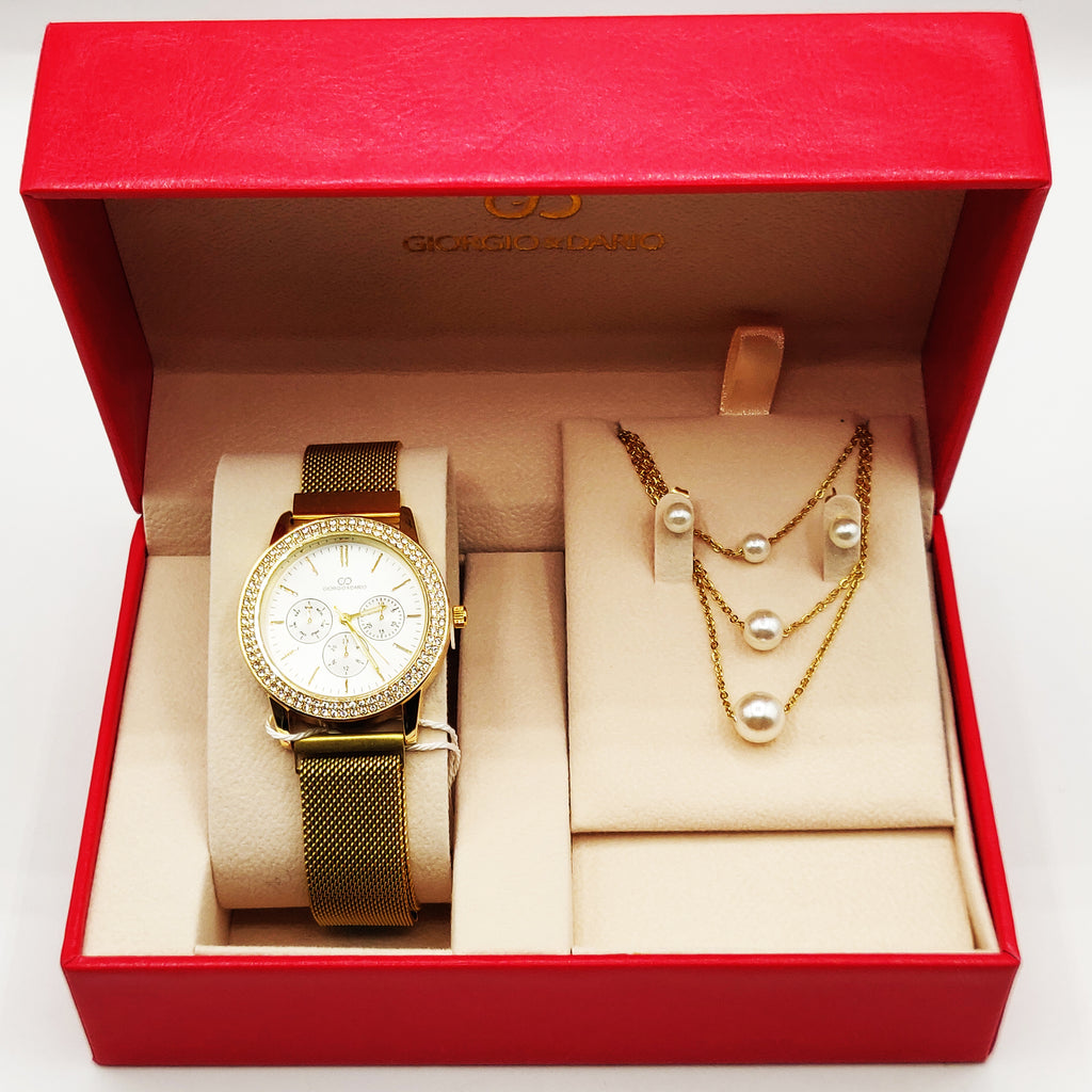 Coffret Montre Giorgio & Dario EU5944 avec Collier et Boucles d'oreilles Perles Blanches