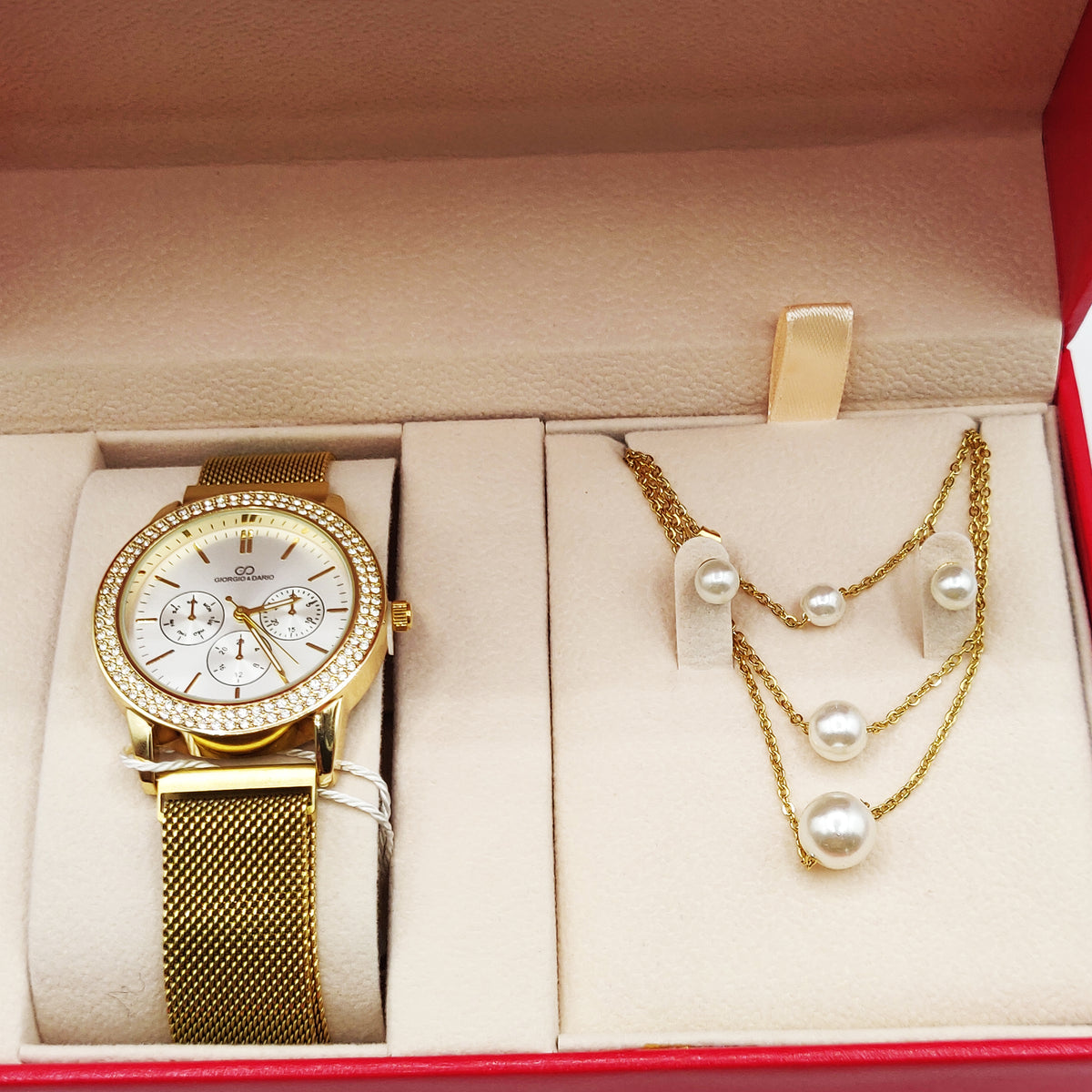 Coffret Montre Giorgio & Dario EU5944 avec Collier et Boucles d'oreilles Perles Blanches