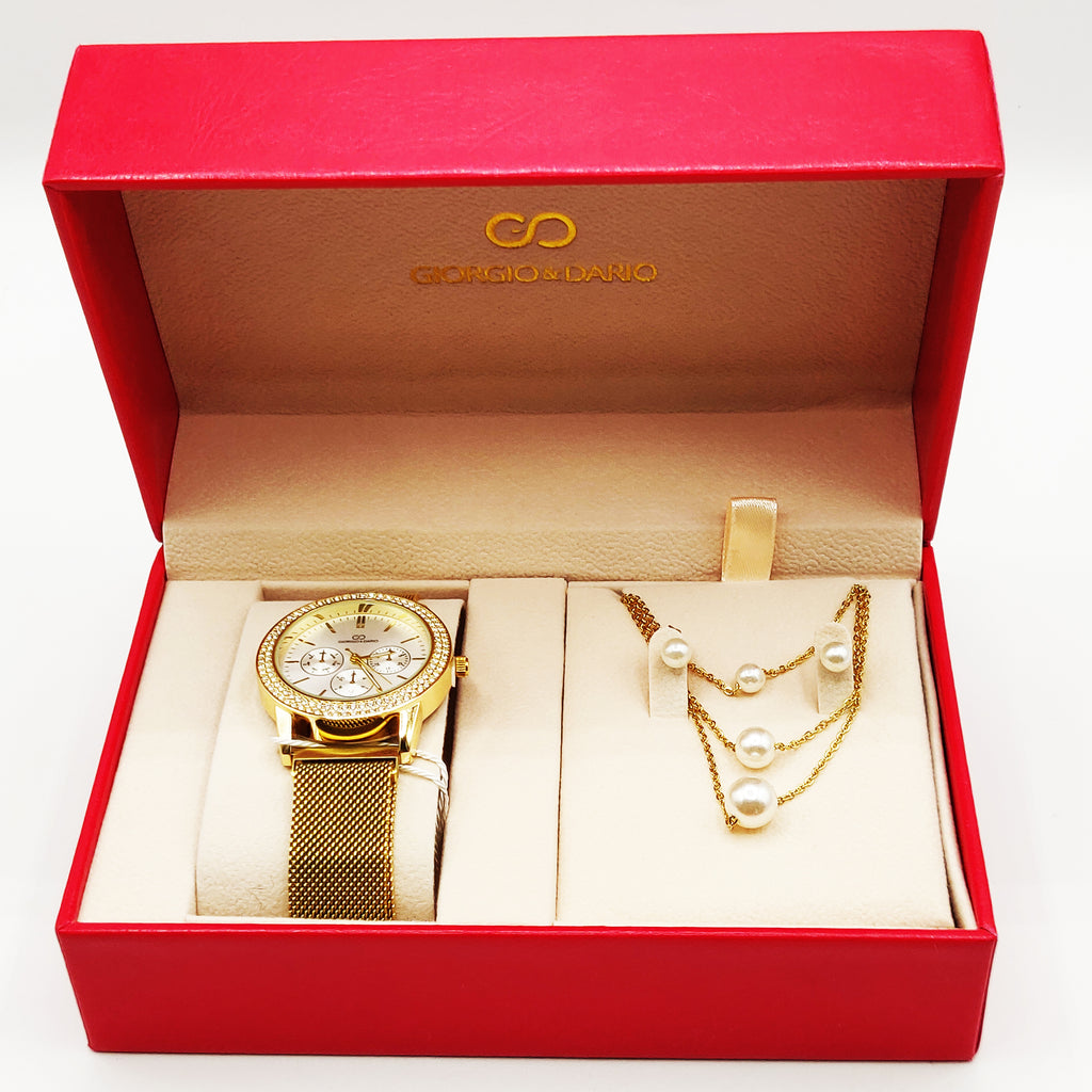 Coffret Montre Giorgio & Dario EU5944 avec Collier et Boucles d'oreilles Perles Blanches