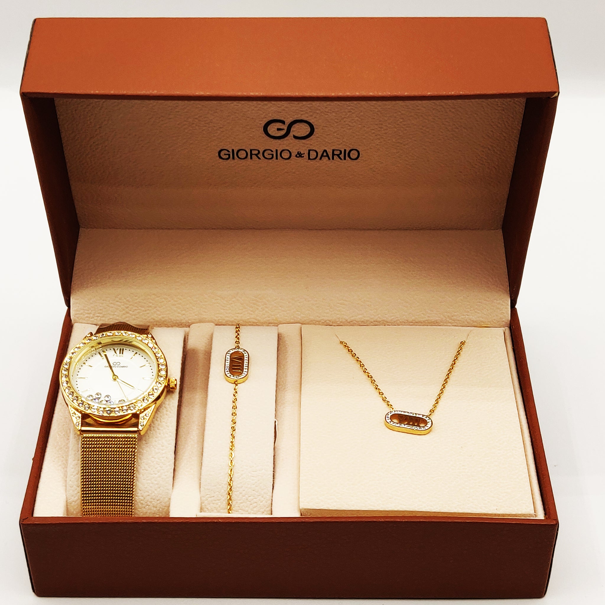 Coffret Montre Giorgio & Dario 3865 Fond Blanc avec Collier et Bracelet Ovale Romain