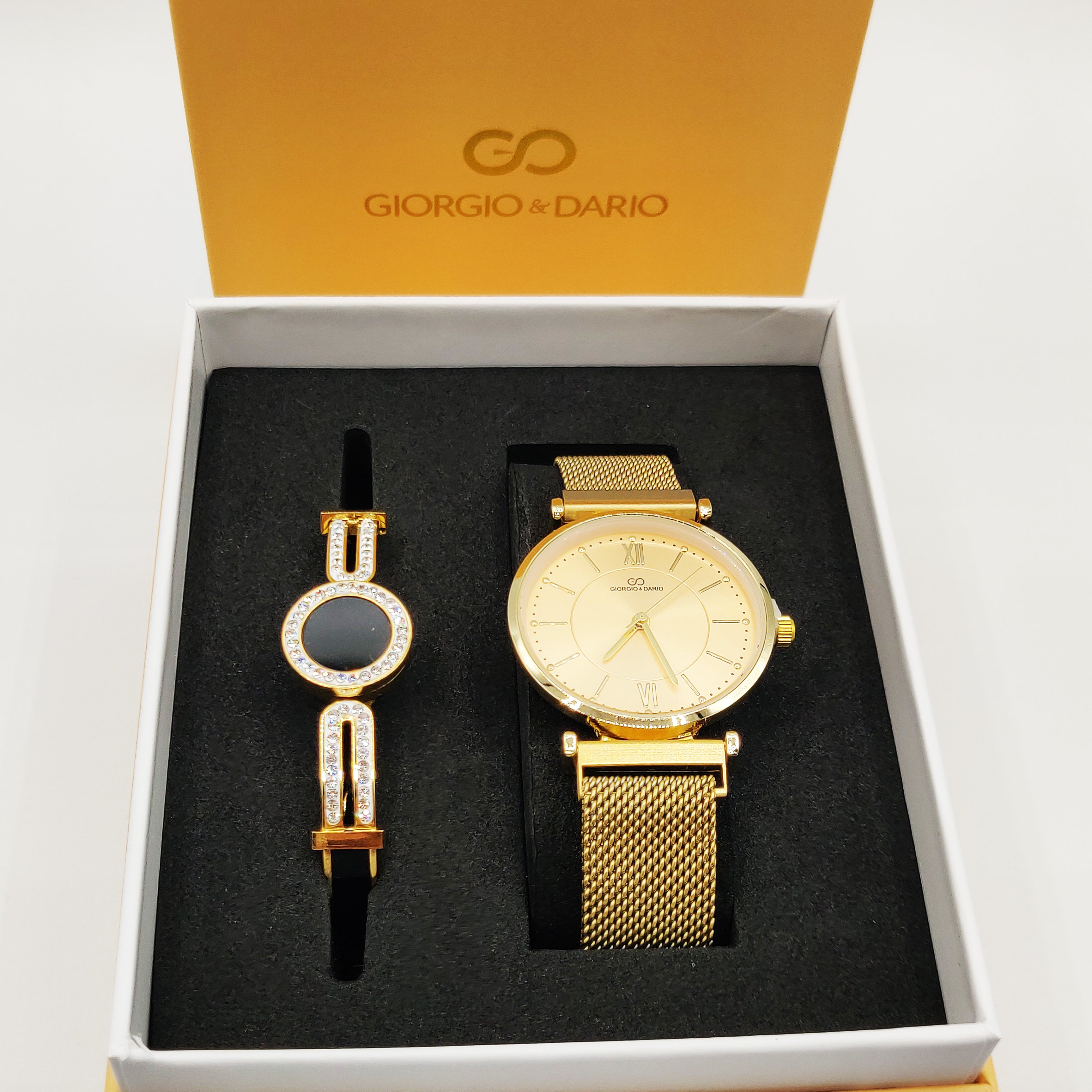 Coffret Montre Giorgio & Dario 4760 avec Bracelet Rigide Cercle Noir Cristaux