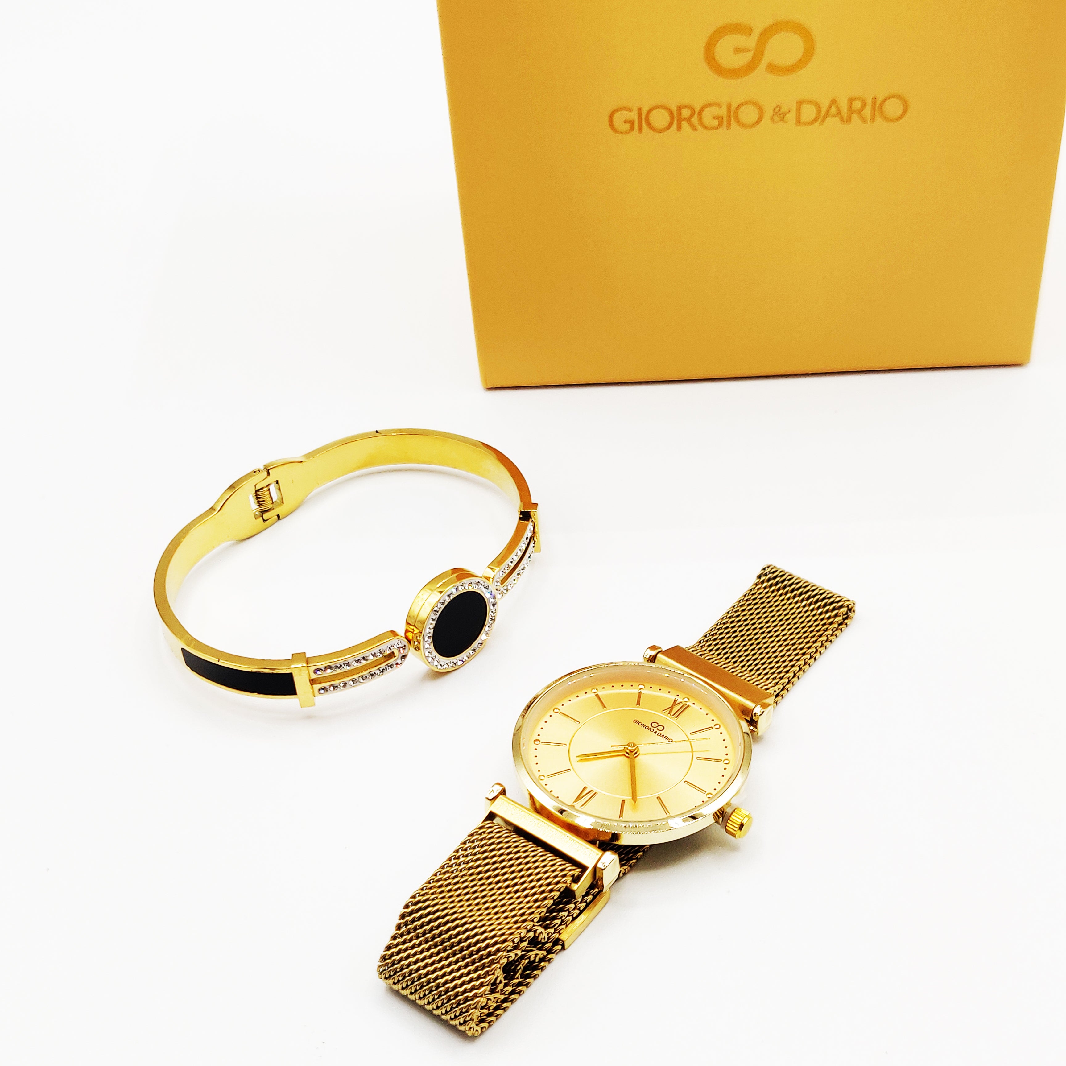 Coffret Montre Giorgio & Dario 4760 avec Bracelet Rigide Cercle Noir Cristaux