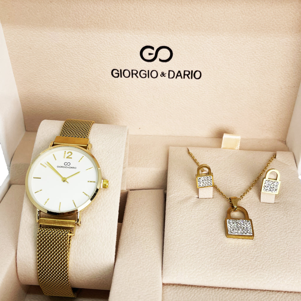 Coffret Montre Giorgio & Dario 5691 avec Collier et Boucles d'oreilles Cadenas Cristaux