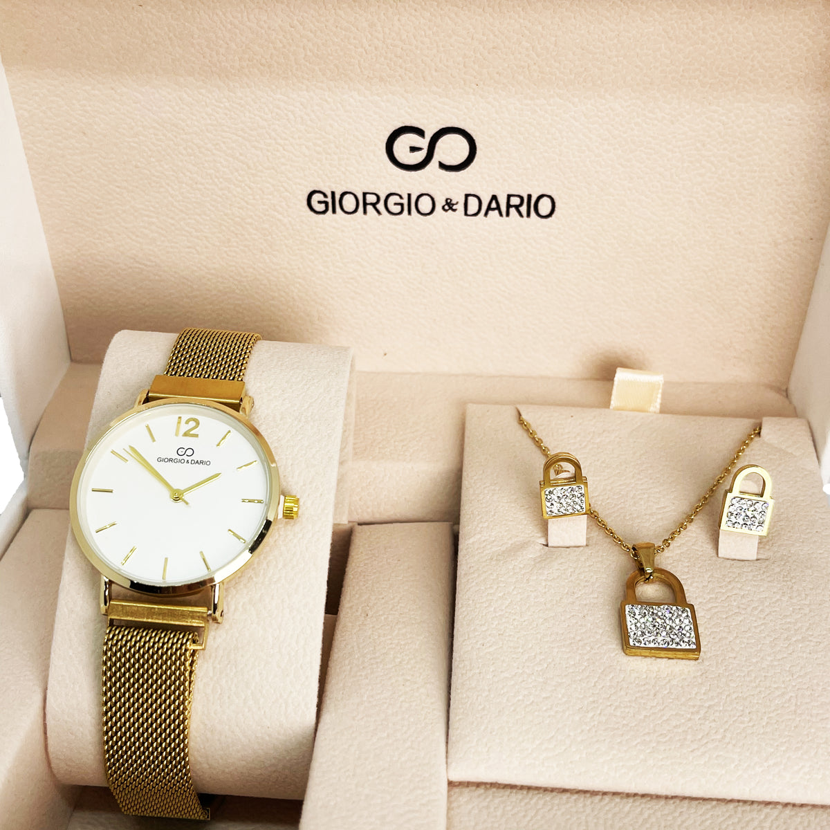 Coffret Montre Giorgio & Dario 5691 avec Collier et Boucles d'oreilles Cadenas Cristaux