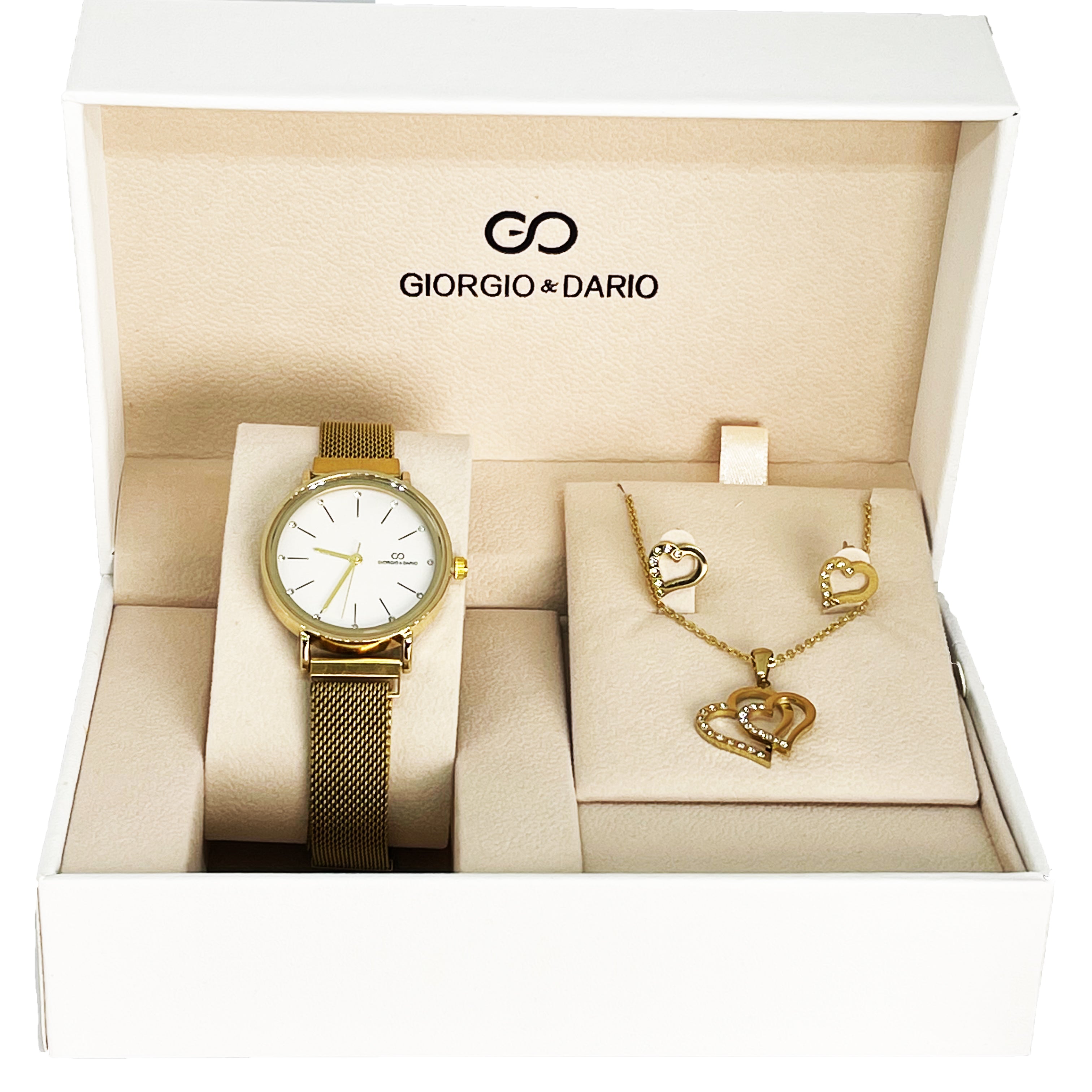 Coffret Montre Giorgio & Dario 5833 avec Collier et Boucles d'oreilles Double Coeurs