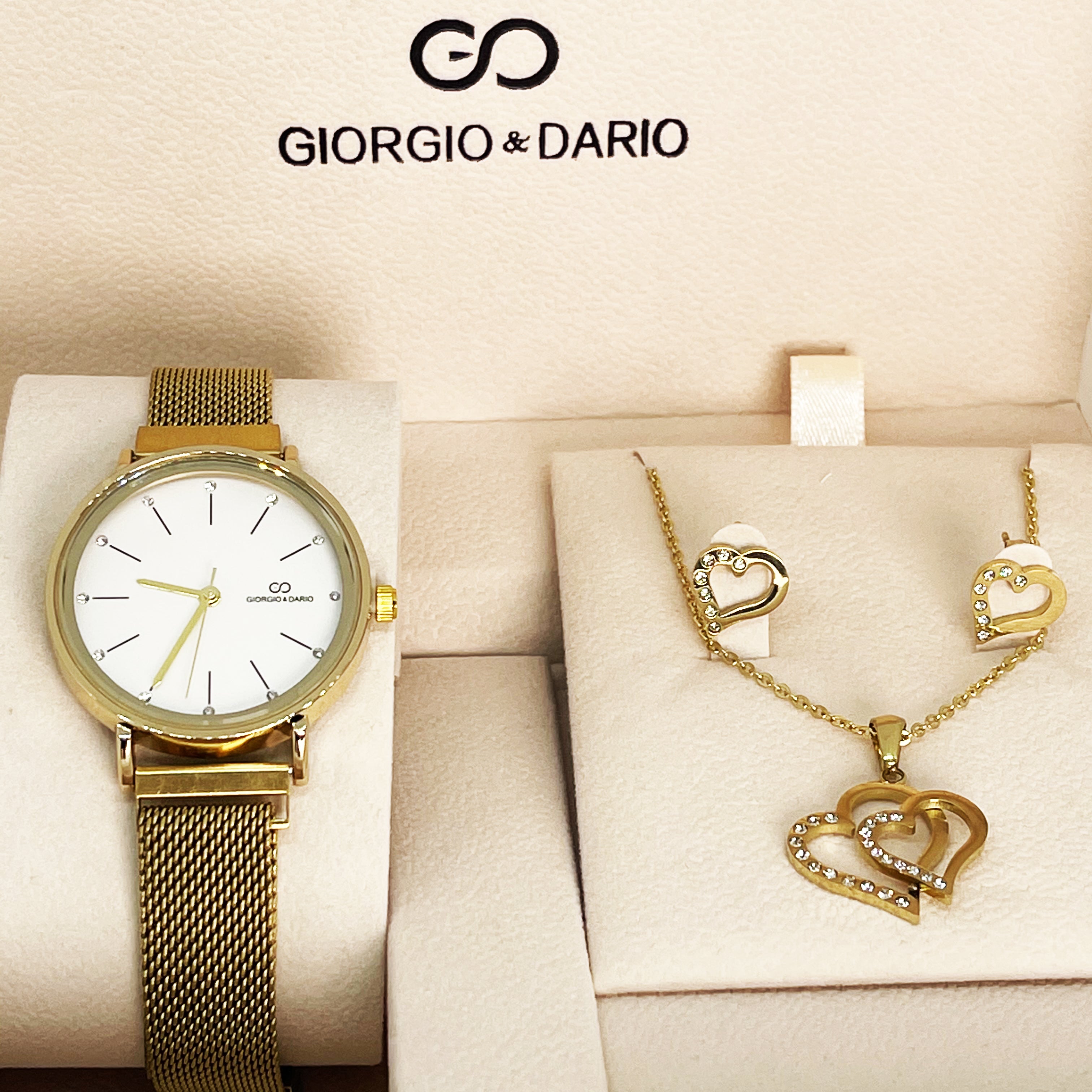 Coffret Montre Giorgio & Dario 5833 avec Collier et Boucles d'oreilles Double Coeurs