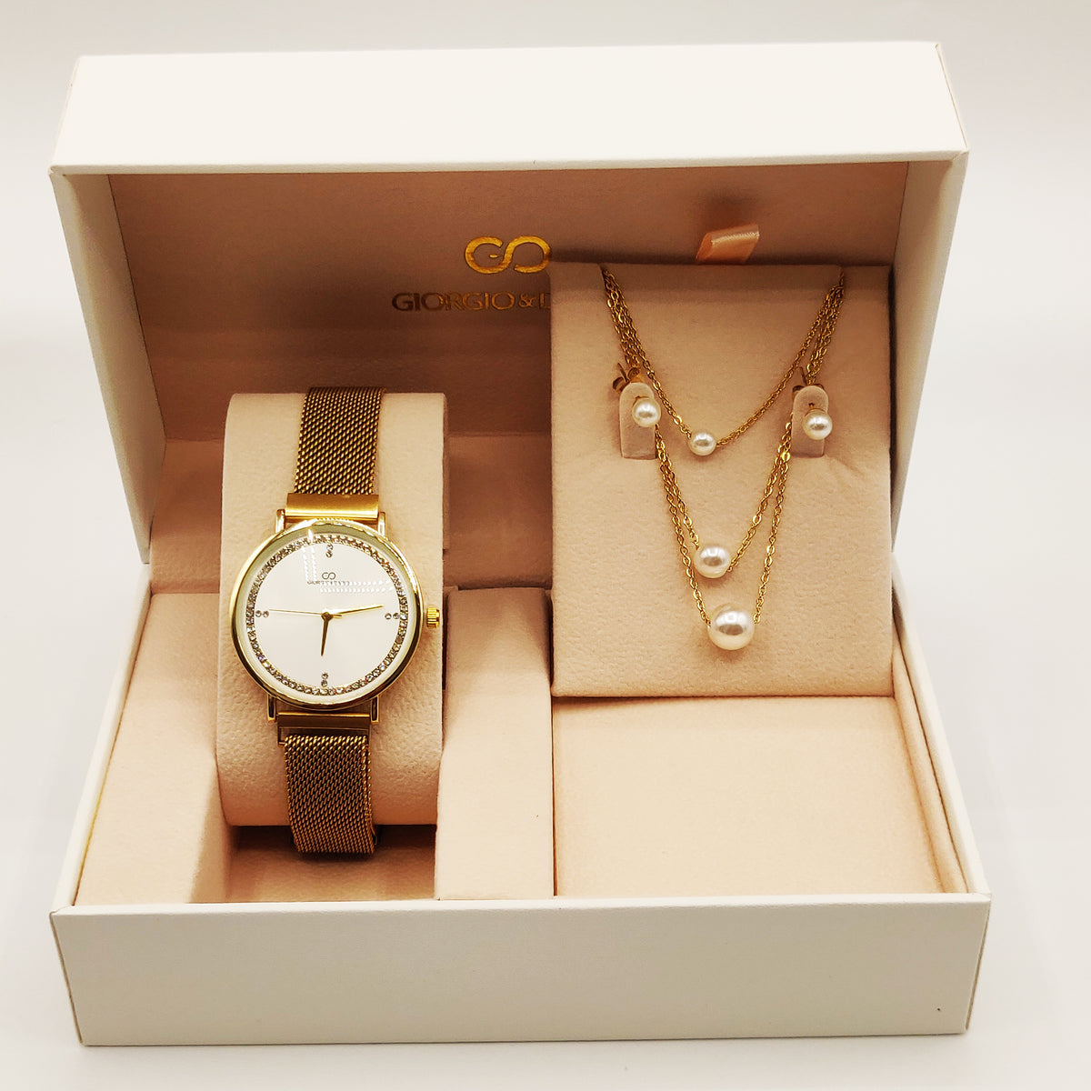 Coffret Montre Giorgio & Dario 6020 avec Collier et Boucles d'oreilles Perles Blanches