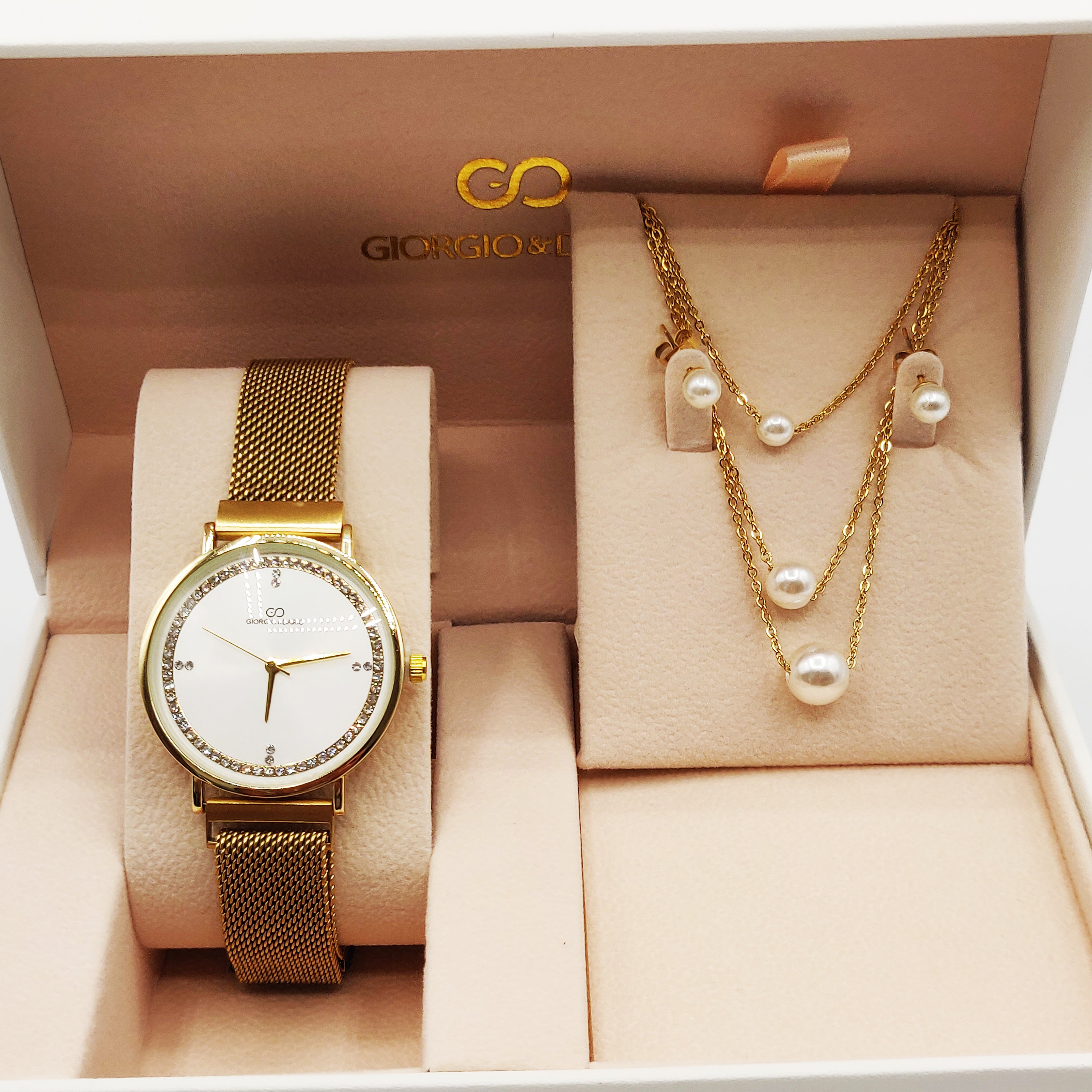 Coffret Montre Giorgio & Dario 6020 avec Collier et Boucles d'oreilles Perles Blanches