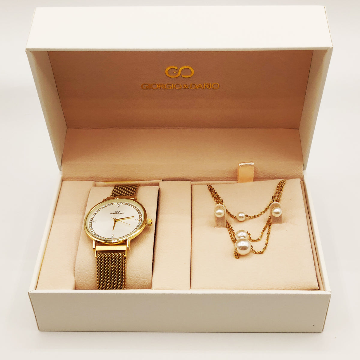 Coffret Montre Giorgio & Dario 6020 avec Collier et Boucles d'oreilles Perles Blanches