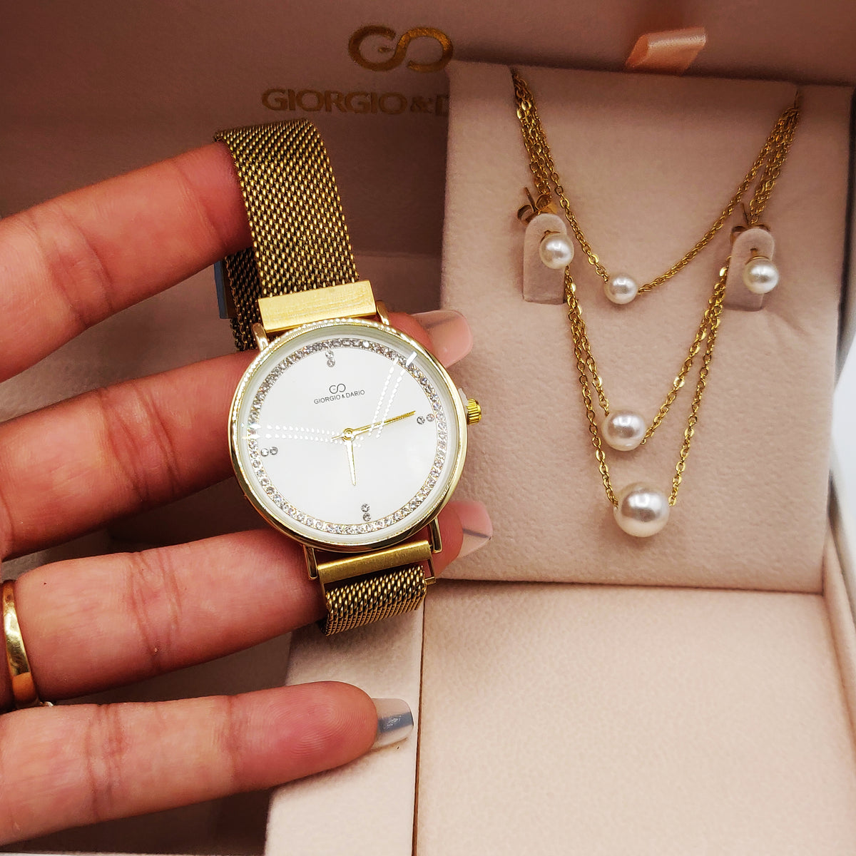 Coffret Montre Giorgio & Dario 6020 avec Collier et Boucles d'oreilles Perles Blanches