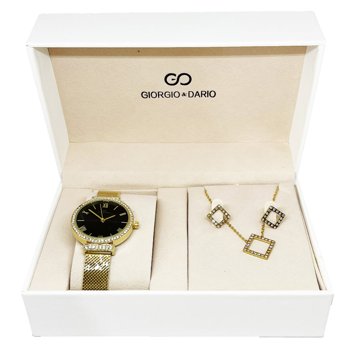 Coffret Montre Giorgio & Dario 6025 avec Collier et Boucles d'oreilles Carrés Cristaux
