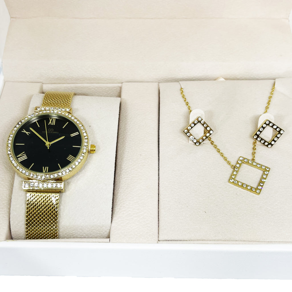 Coffret Montre Giorgio & Dario 6025 avec Collier et Boucles d'oreilles Carrés Cristaux