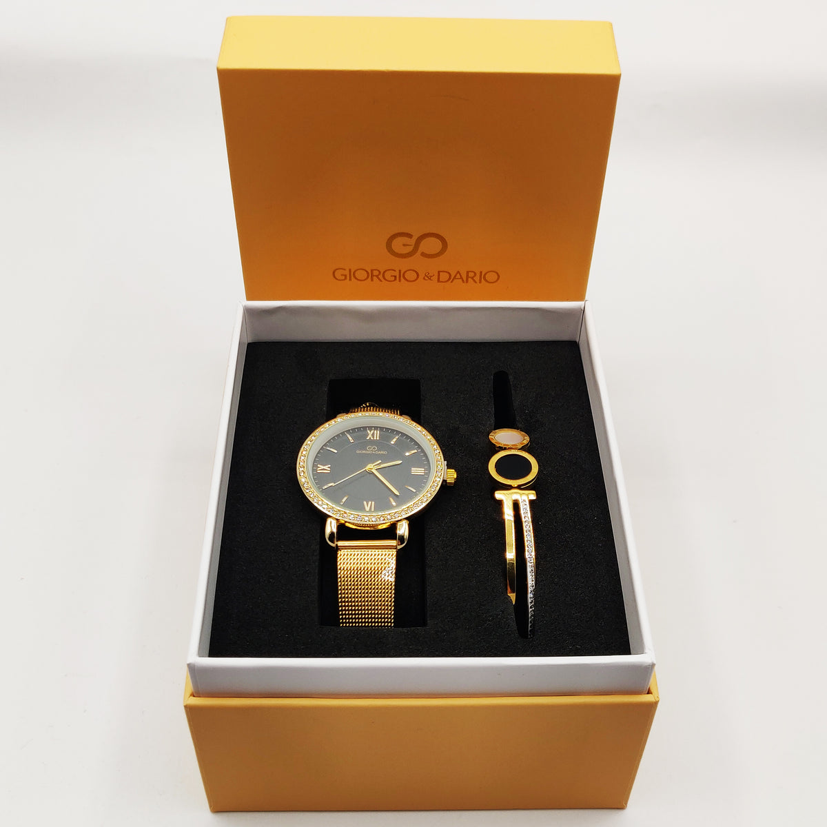 Coffret Montre Giorgio & Dario 6211 Fond Noir avec Bracelet Rigide Romain Ligne Cristaux