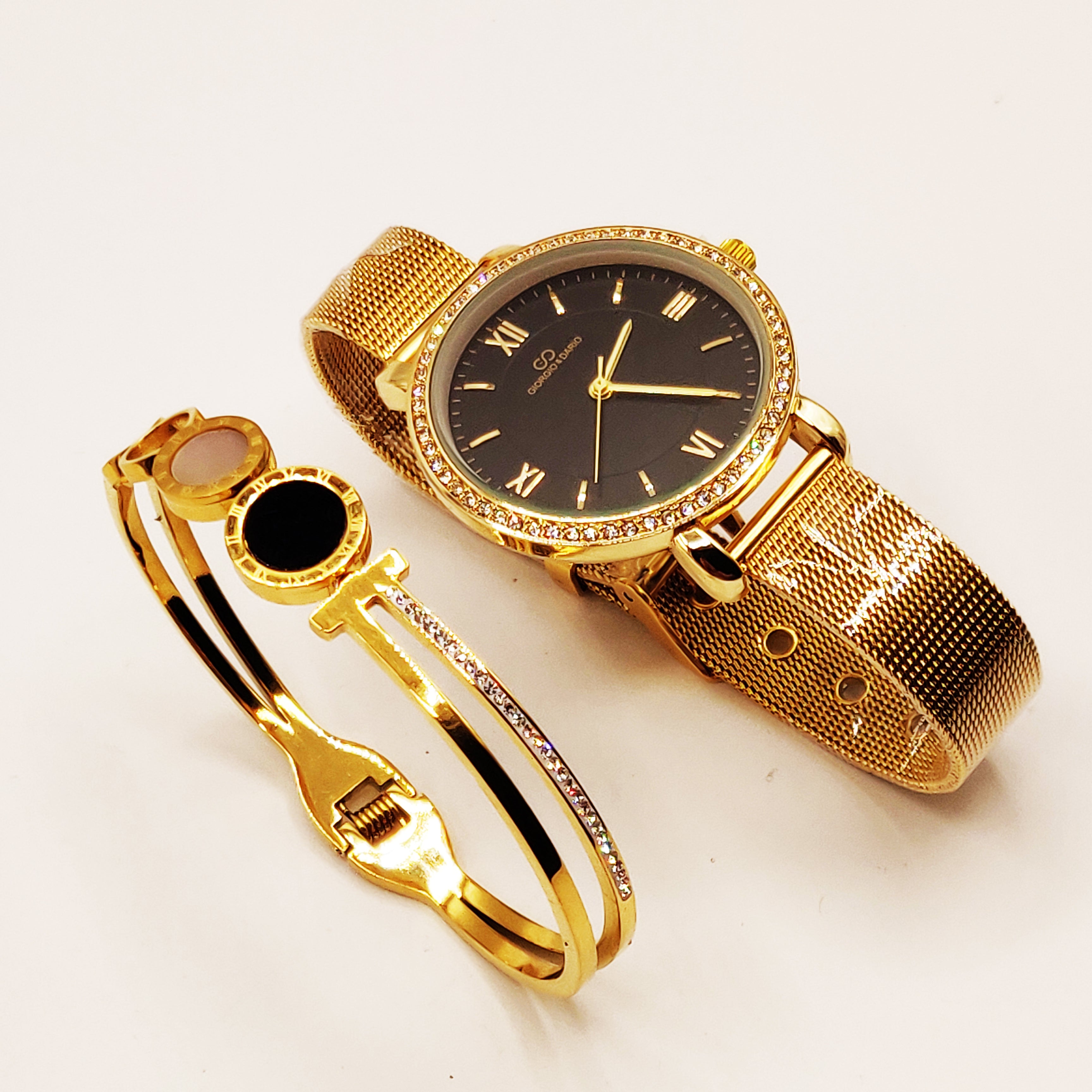 Coffret Montre Giorgio & Dario 6211 Fond Noir avec Bracelet Rigide Romain Ligne Cristaux
