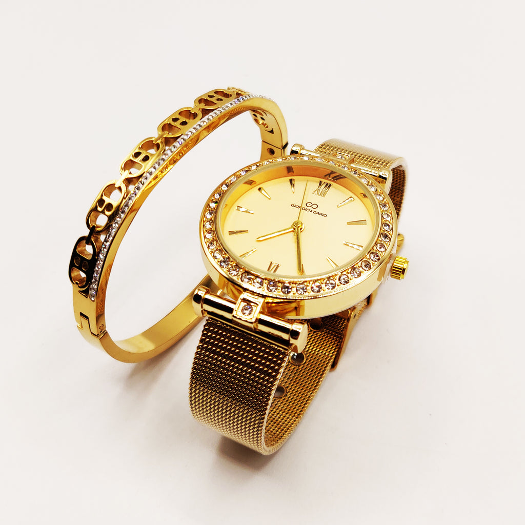 Coffret Montre Giorgio & Dario 6306 Fond Doré avec Bracelet Rigide Multi CD Luxe