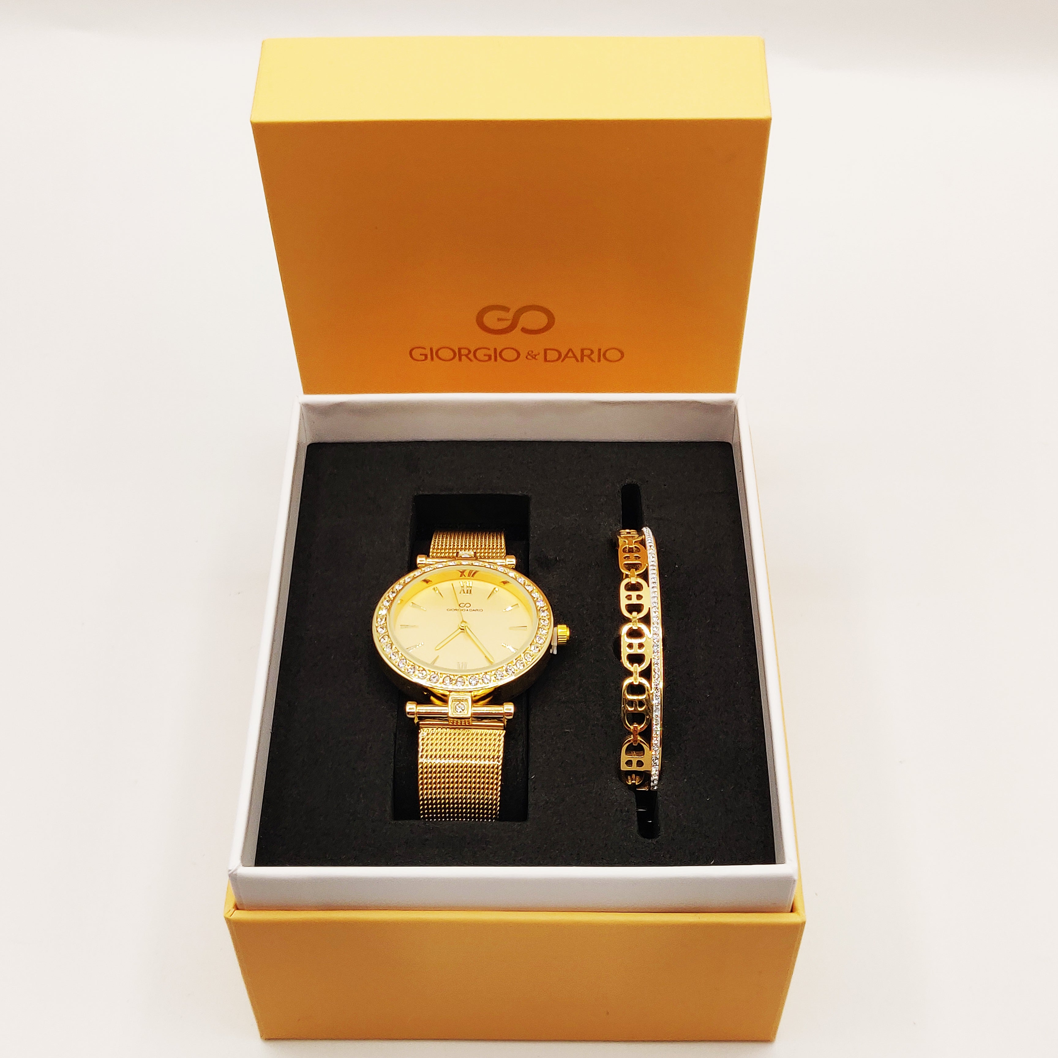 Coffret Montre Giorgio & Dario 6306 Fond Doré avec Bracelet Rigide Multi CD Luxe