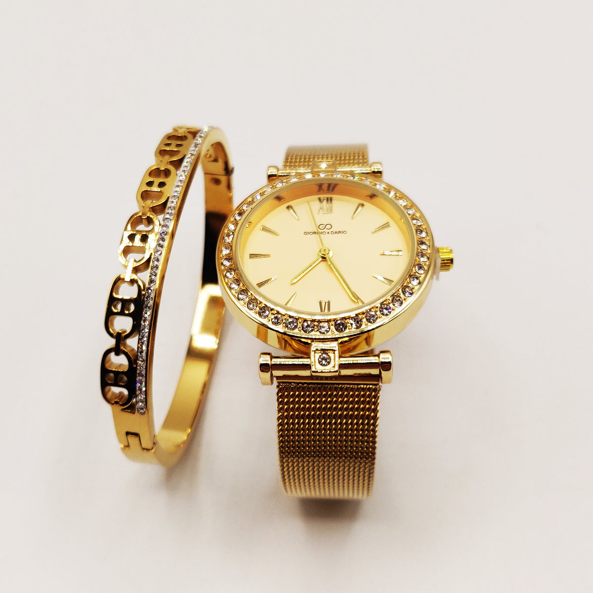 Coffret Montre Giorgio & Dario 6306 Fond Doré avec Bracelet Rigide Multi CD Luxe