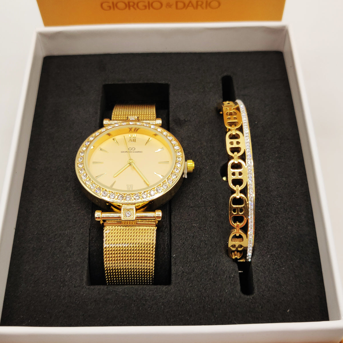 Coffret Montre Giorgio & Dario 6306 Fond Doré avec Bracelet Rigide Multi CD Luxe