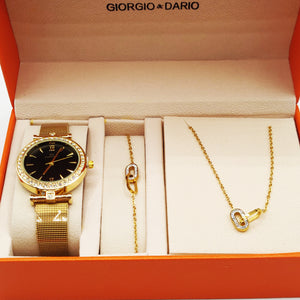 Coffret Montre Giorgio & Dario 6306 Fond Noir avec Collier et Bracelet Double Ovales Cristaux