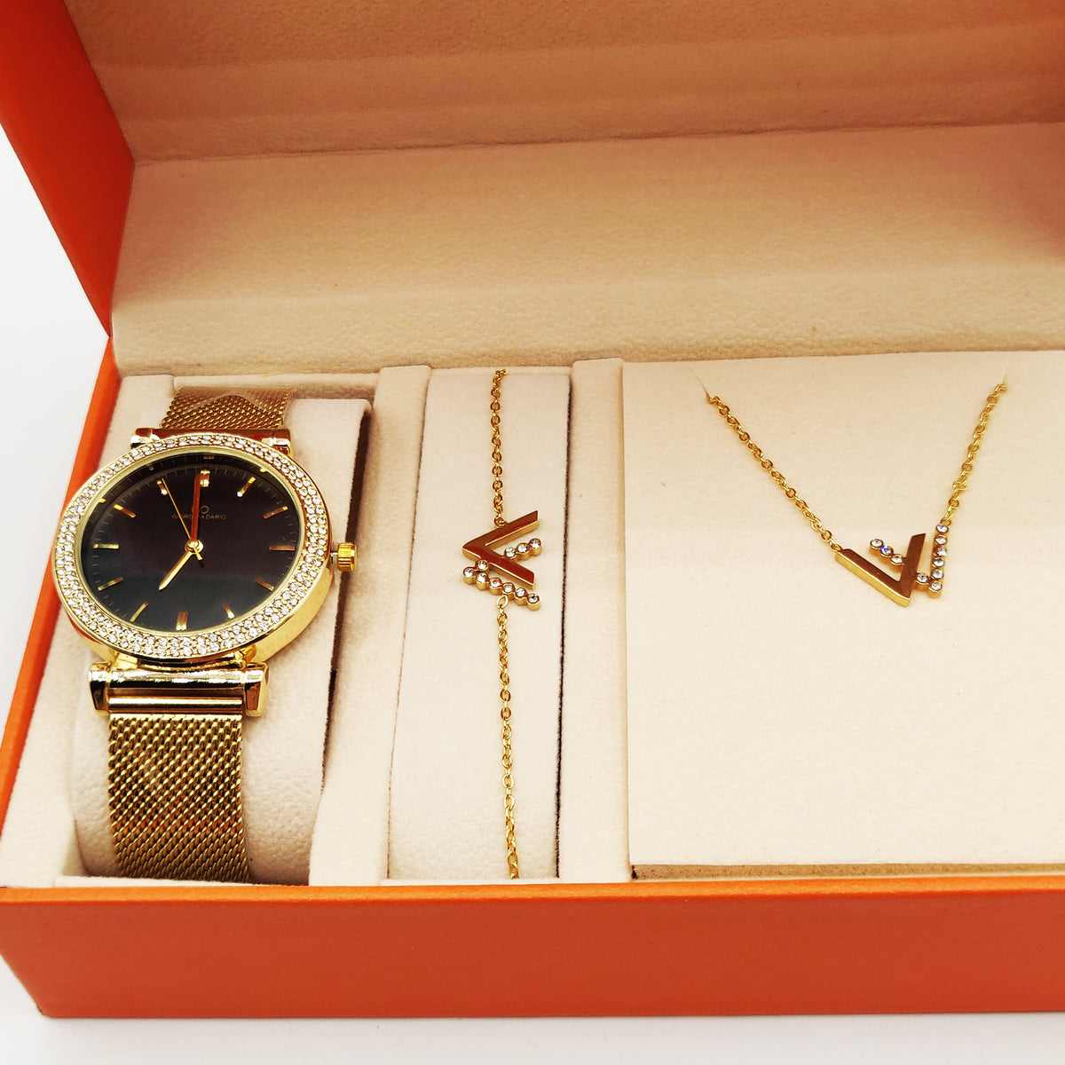 Coffret Montre Giorgio & Dario 6314 Fond Noir avec Collier et Bracelet Double V Luxe
