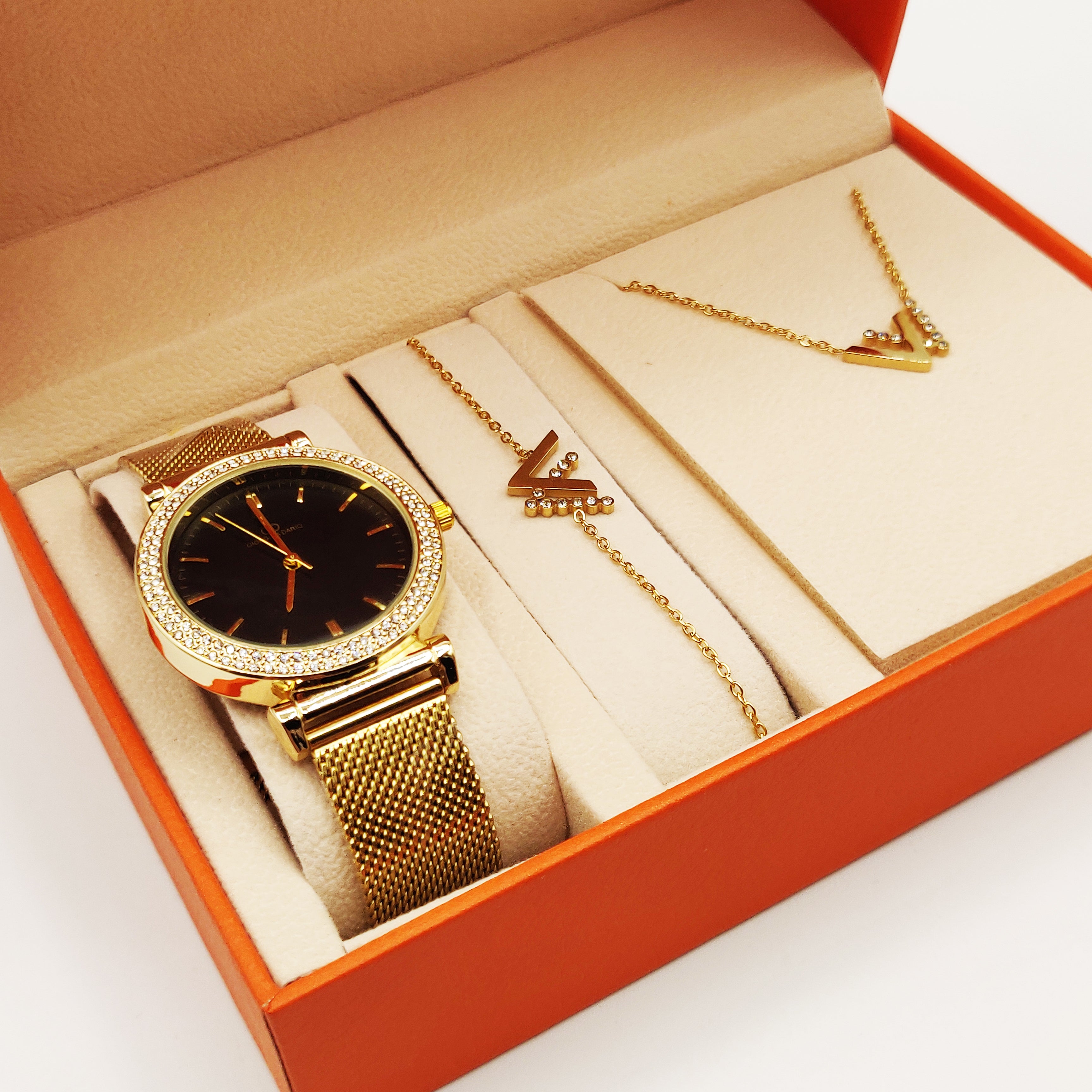 Coffret Montre Giorgio & Dario 6314 Fond Noir avec Collier et Bracelet Double V Luxe