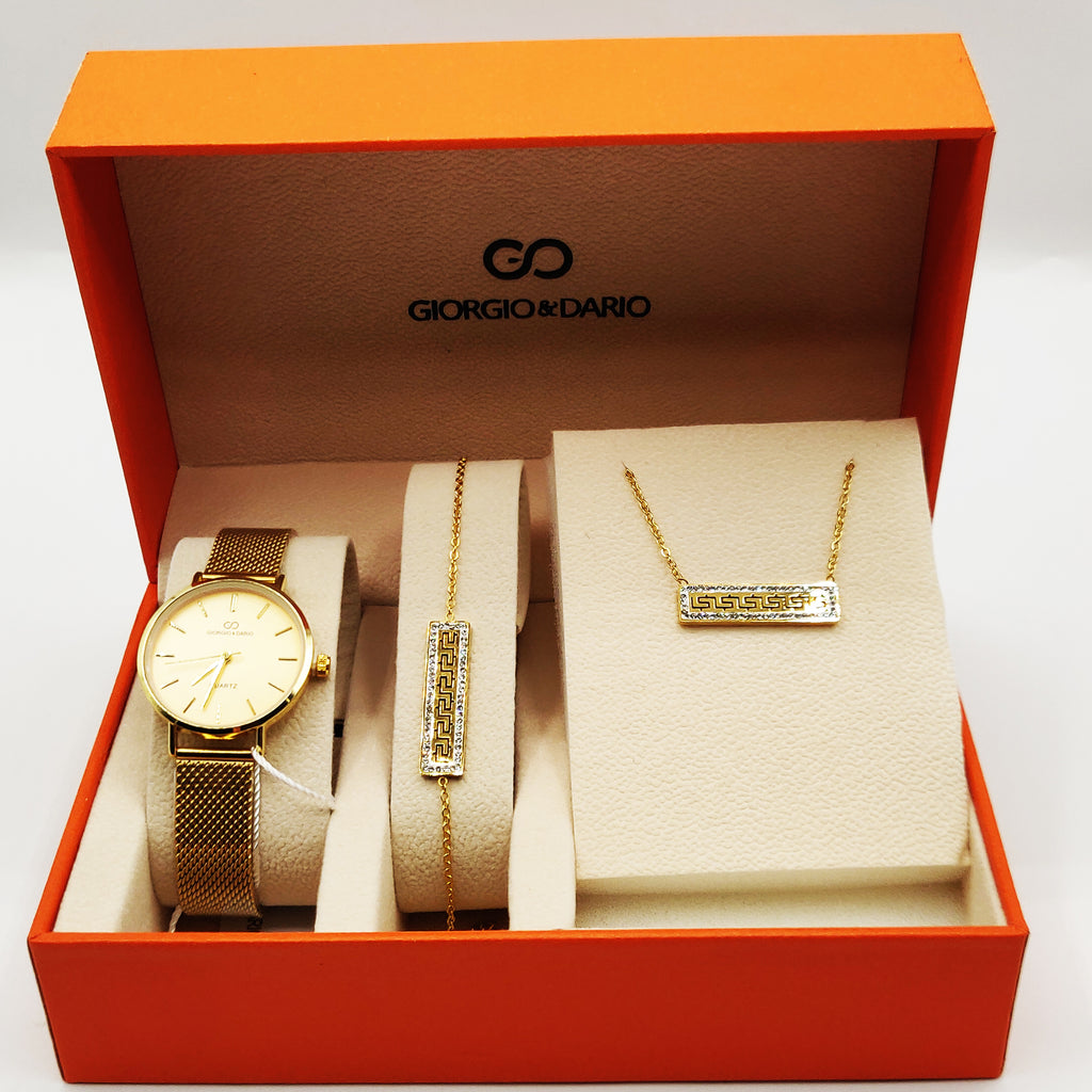 Coffret Montre Giorgio & Dario EU5604 Fond Doré avec Collier et Bracelet Motif V Luxe