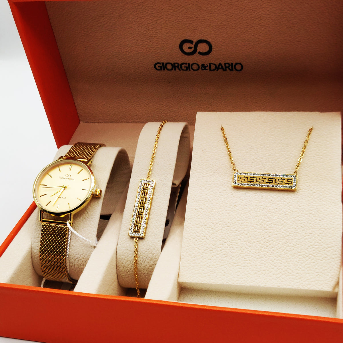 Coffret Montre Giorgio & Dario EU5604 Fond Doré avec Collier et Bracelet Motif V Luxe