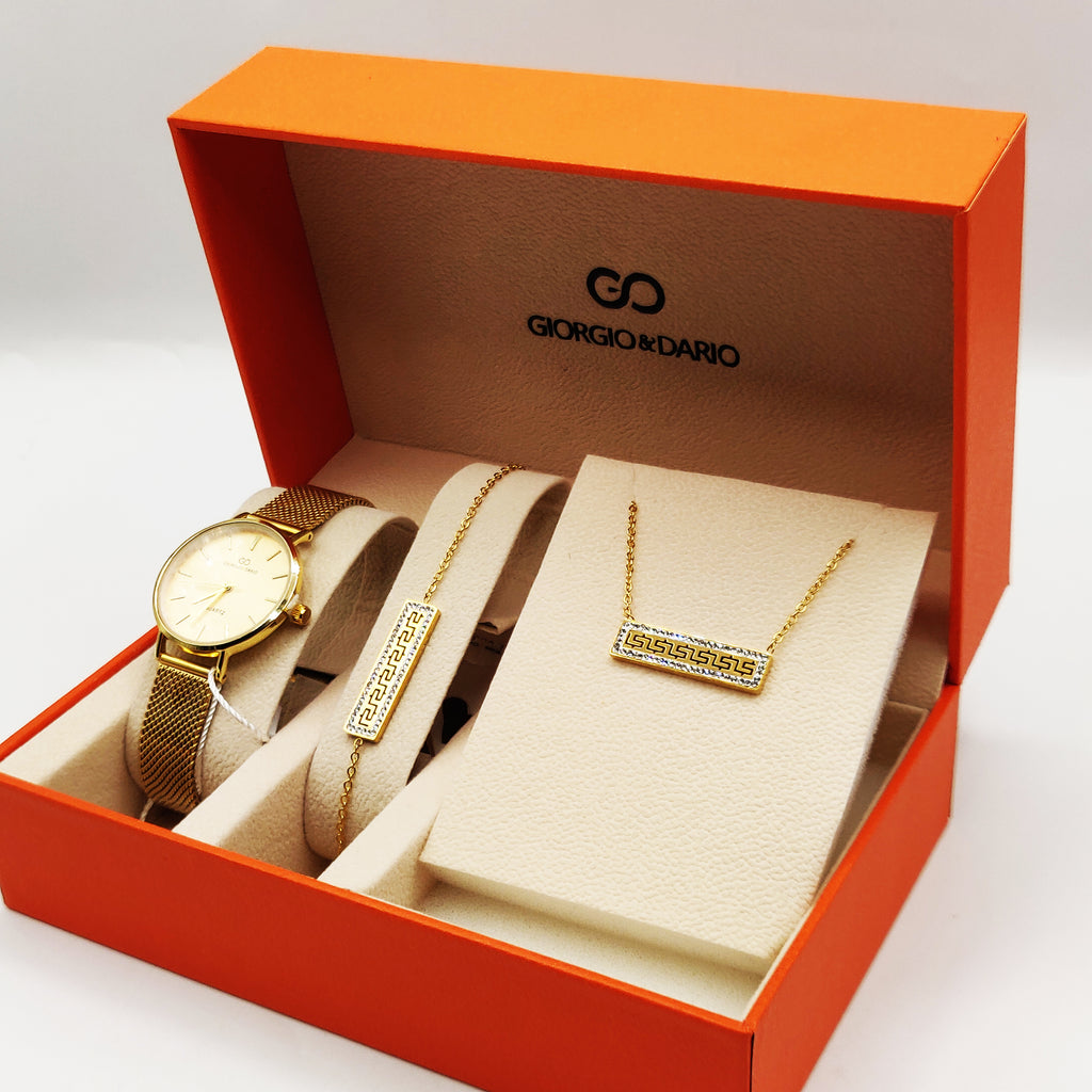 Coffret Montre Giorgio & Dario EU5604 Fond Doré avec Collier et Bracelet Motif V Luxe