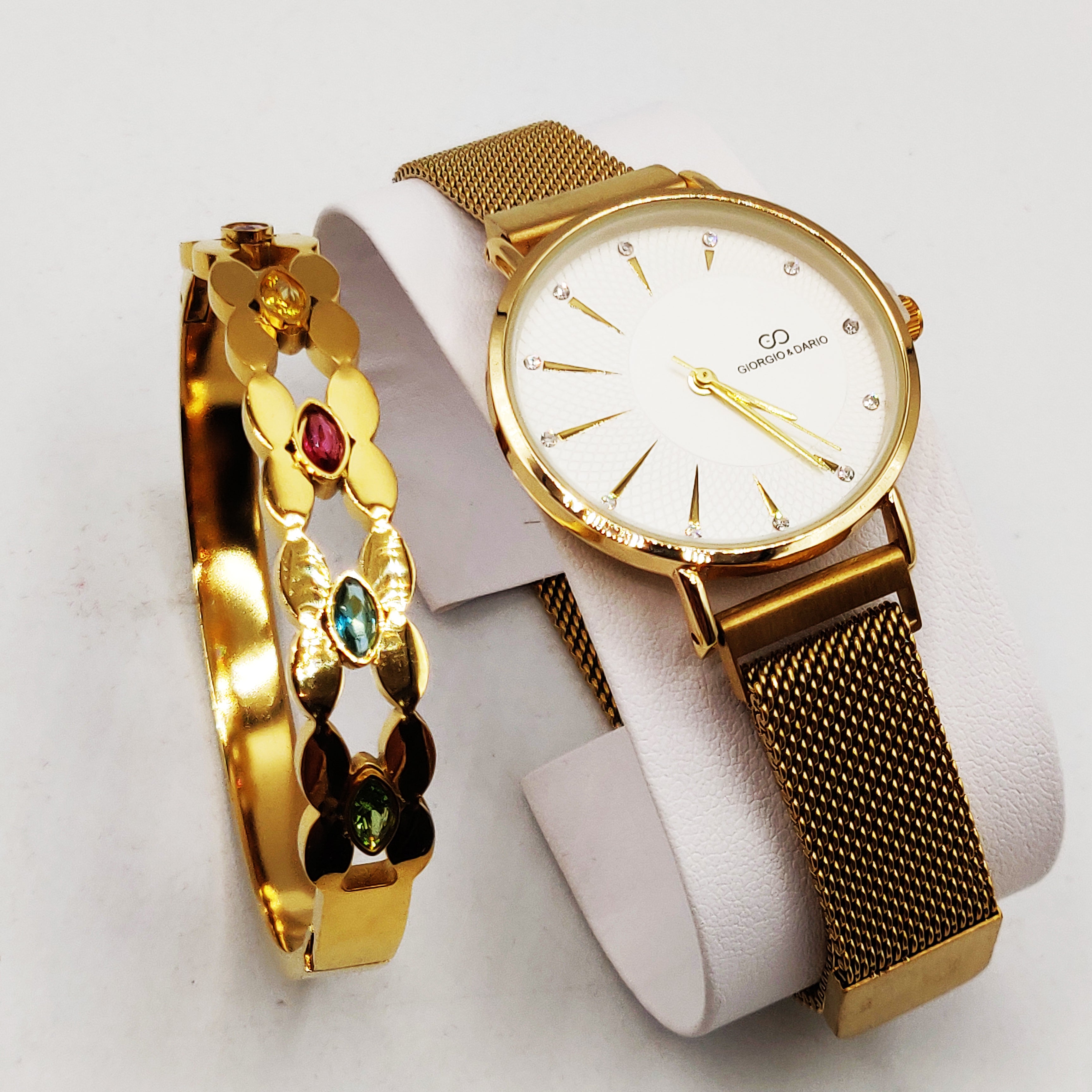 Coffret Montre Giorgio & Dario EU5691 avec Bracelet Rigide Cristaux Ovales Multicolores