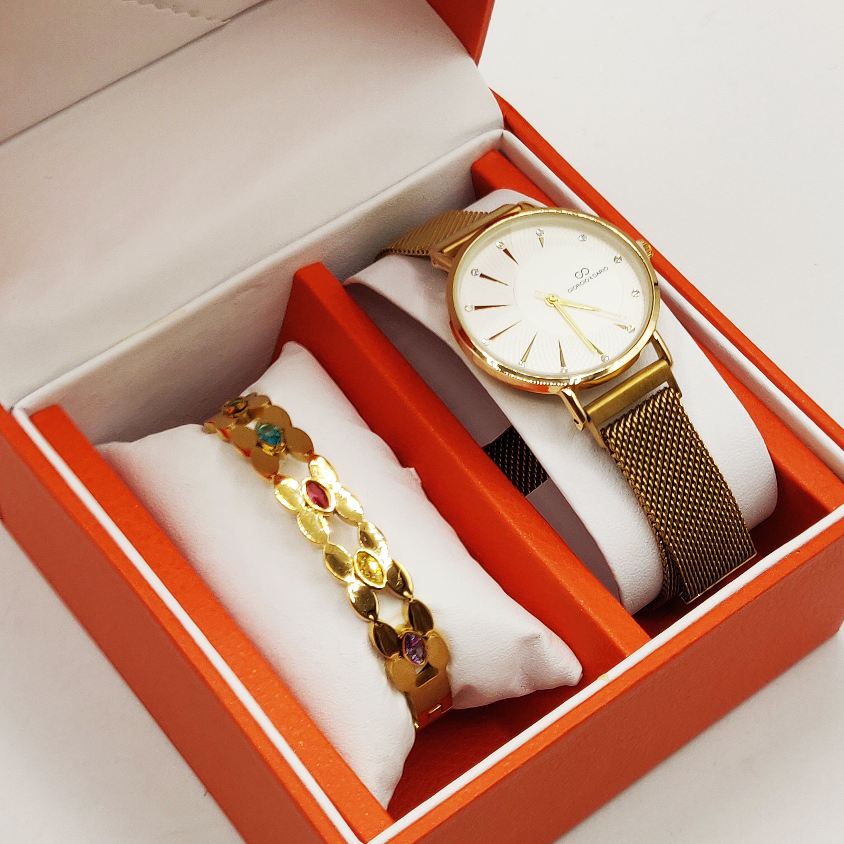 Coffret Montre Giorgio & Dario EU5691 avec Bracelet Rigide Cristaux Ovales Multicolores