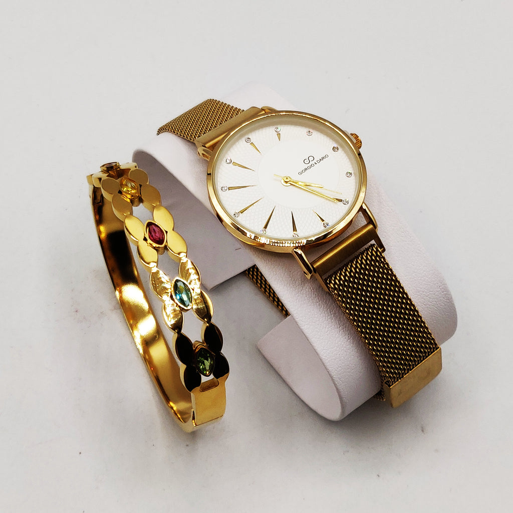 Coffret Montre Giorgio & Dario EU5691 avec Bracelet Rigide Cristaux Ovales Multicolores