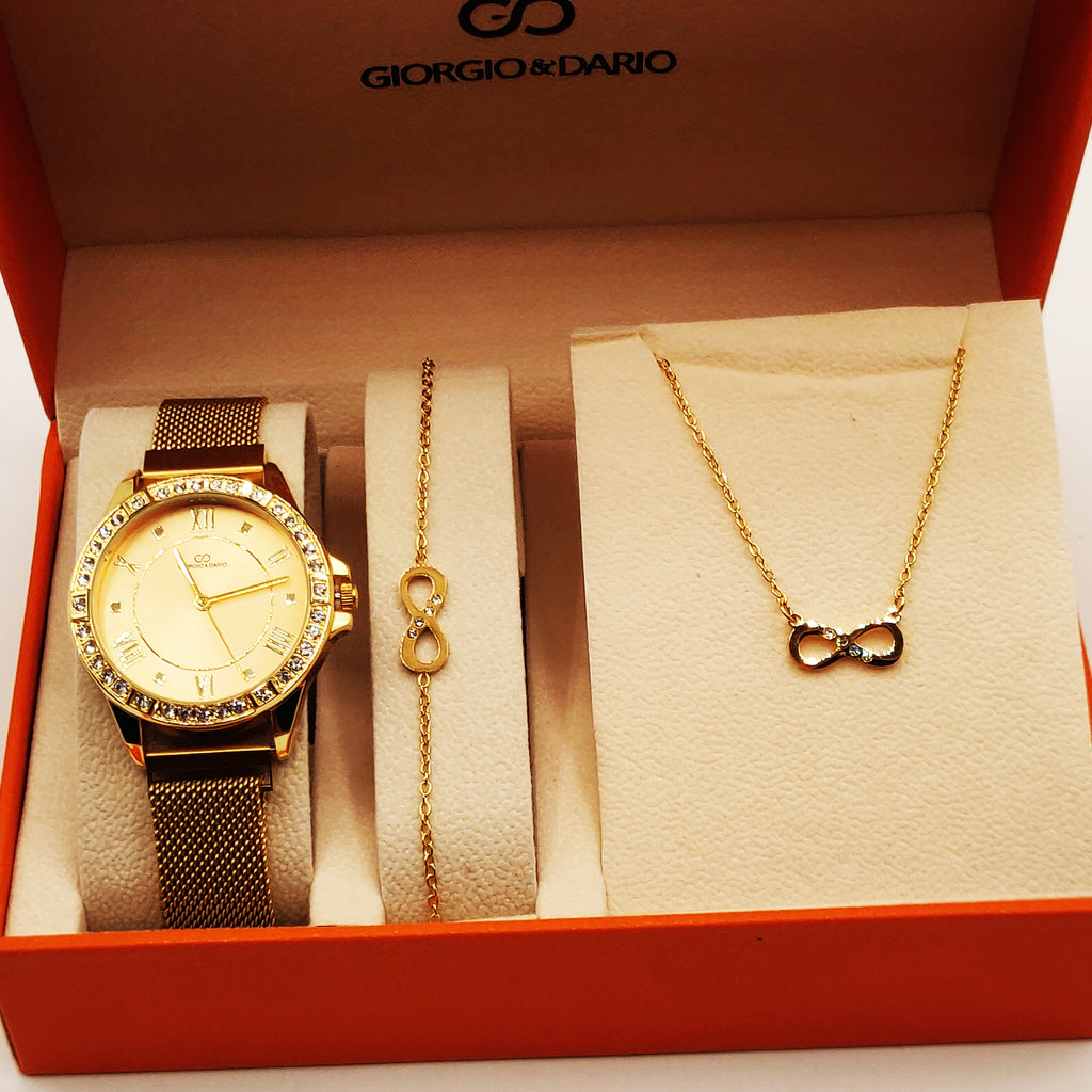 Coffret Giorgio & Dario EU6384 Fond Doré avec Collier et Bracelet Infinity Cristaux