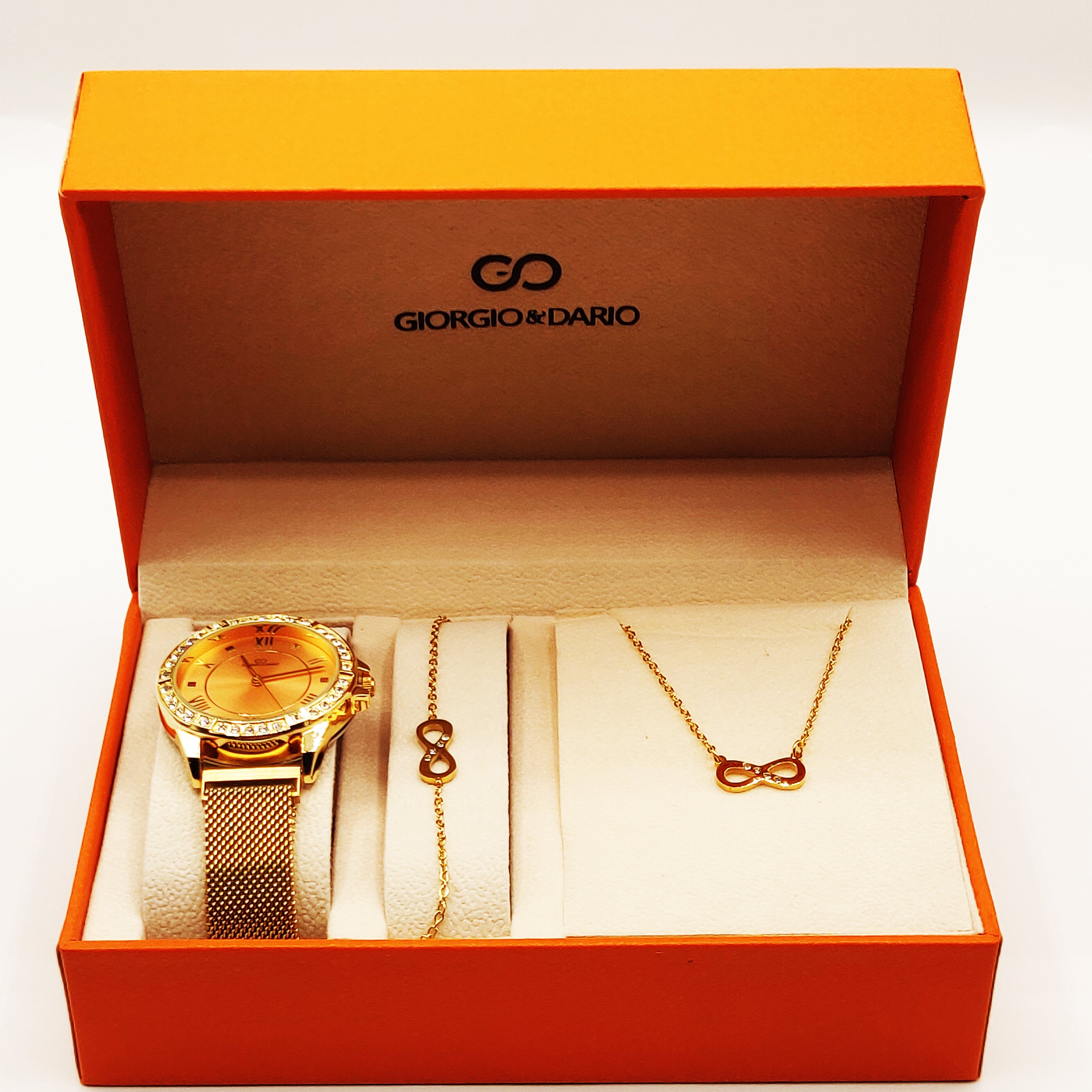Coffret Giorgio & Dario EU6384 Fond Doré avec Collier et Bracelet Infinity Cristaux