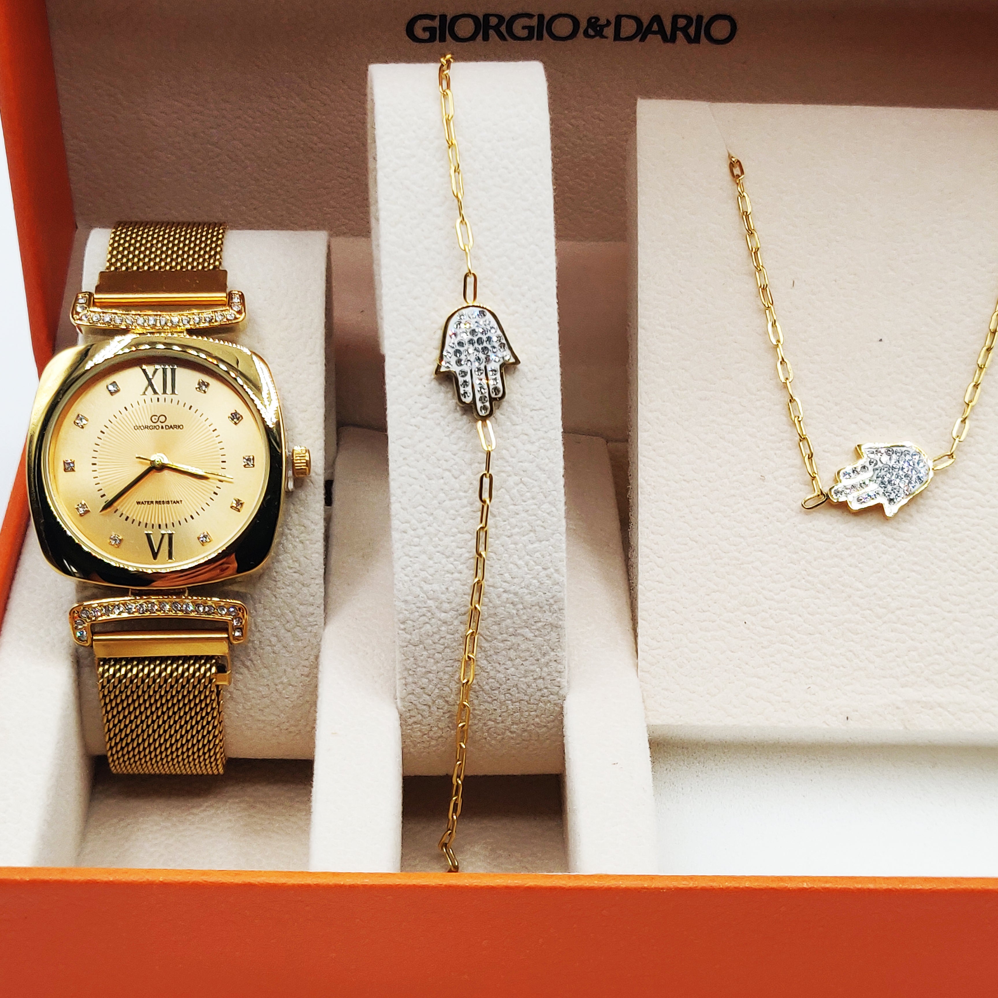Coffret Montre Giorgio & Dario EU6387 Fond Doré avec Collier et Bracelet Main de Fatma Cristaux