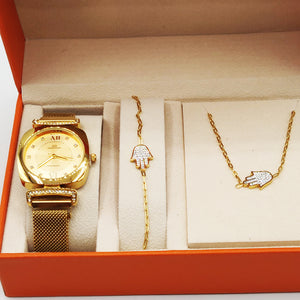 Coffret Montre Giorgio & Dario EU6387 Fond Doré avec Collier et Bracelet Main de Fatma Cristaux