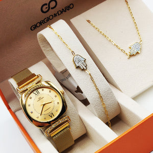 Coffret Montre Giorgio & Dario EU6387 Fond Doré avec Collier et Bracelet Main de Fatma Cristaux